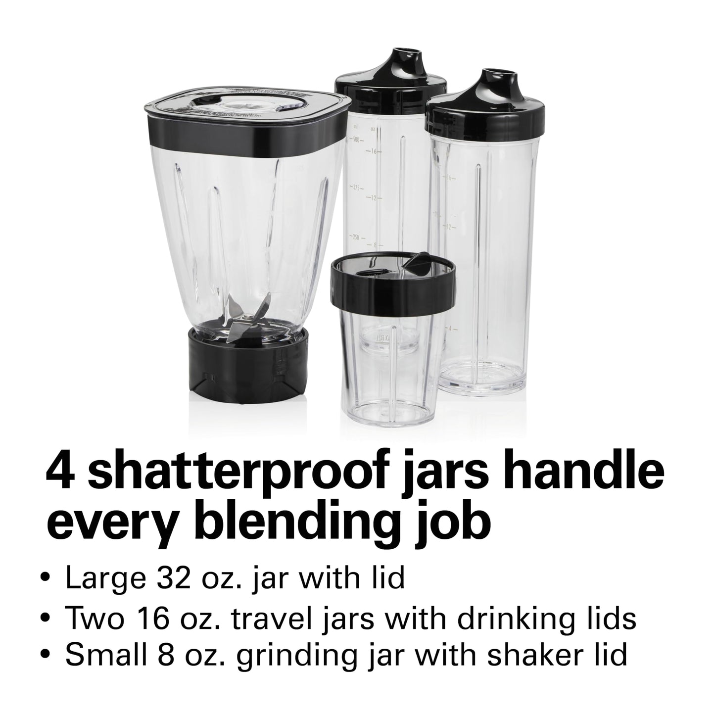 Hamilton Beach MultiBlend Smoothie Blender System, 650W, 4 Shatterproof BPA-Free Jars & Lids, 32 oz Jar, 8 oz Grinder, 2 Travel Cups, Black and Stainless, 52400