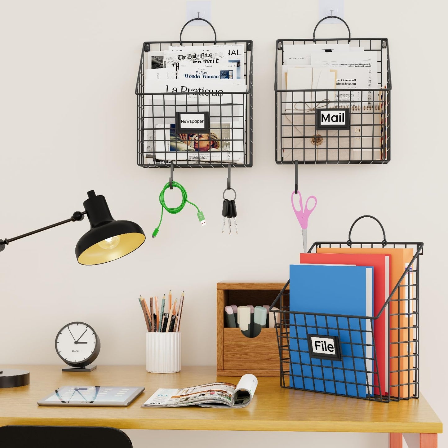 Yuzehuaza Hanging Wall File Organizer Metal Wall Mounted File Holder Folder with Handles and Hooks, Magazine Document Rack, for Home Office or Decor, 3 Packs (Patent Pending)