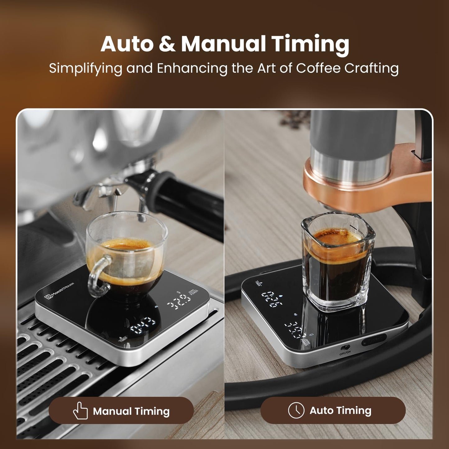 Maestri House Coffee Scale with Timer, Digital Kitchen Scale, 2kg/0.1g Precision, Rechargeable, with Calibration Weight