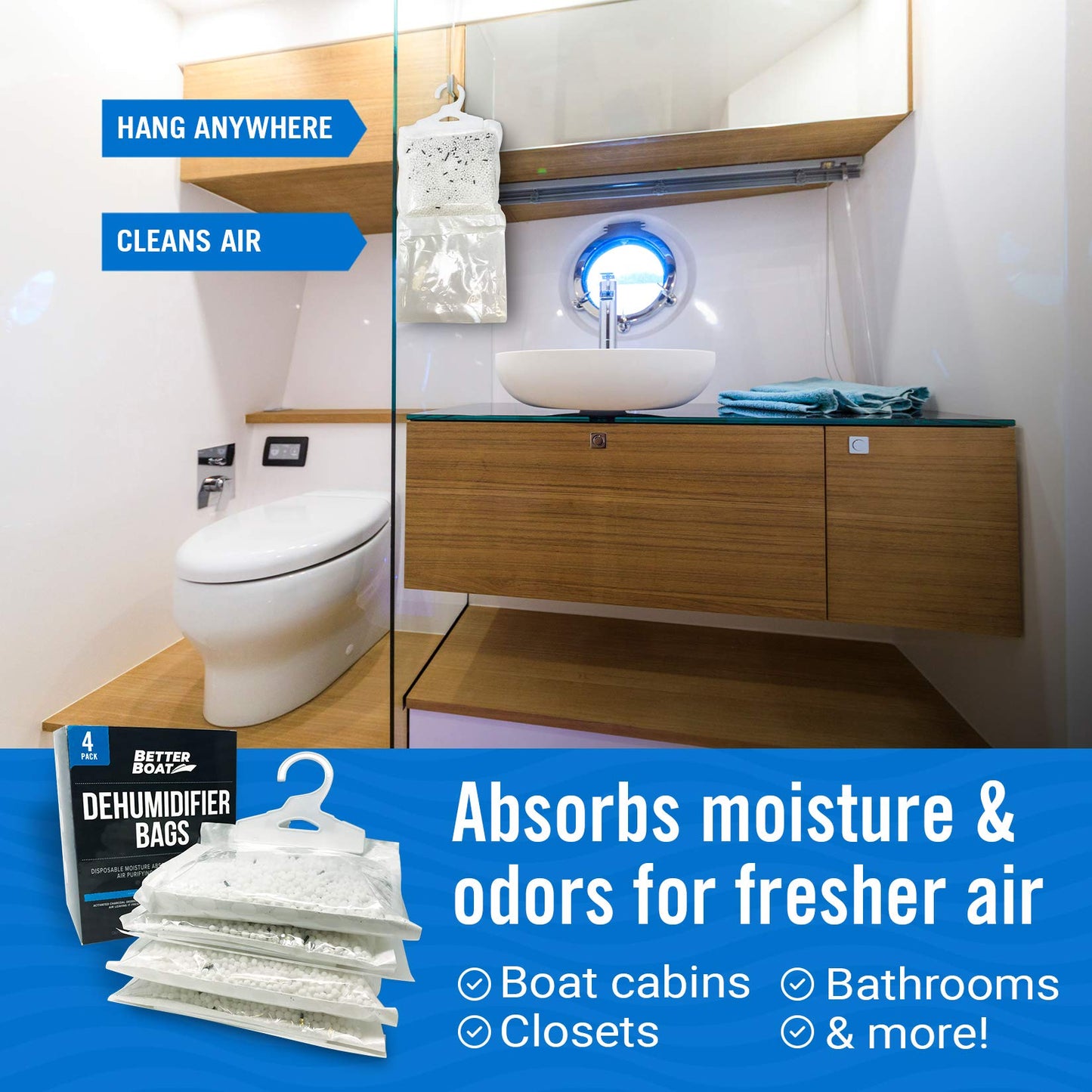 4 Pack Boat Dehumidifier Moisture Absorber Hanging Bags and Charcoal Smell Remove Damp Musty Smell | Basement Closet Home RV or Boating