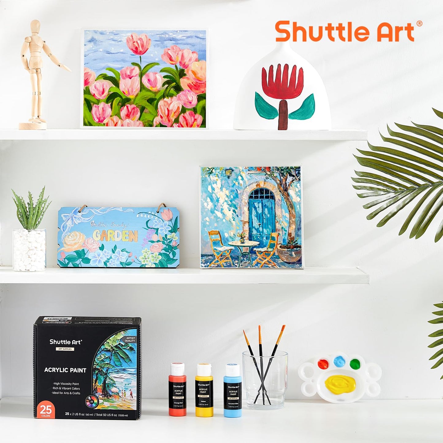 Shuttle Art Acrylic Paint, 25 Colors Acrylic Paint Set, 2oz/60ml Bottles, Rich Pigmented, Waterproof, Premium Acrylic Paints for Artists, Beginners and Kids on Canvas Rocks Wood Ceramic Fabric