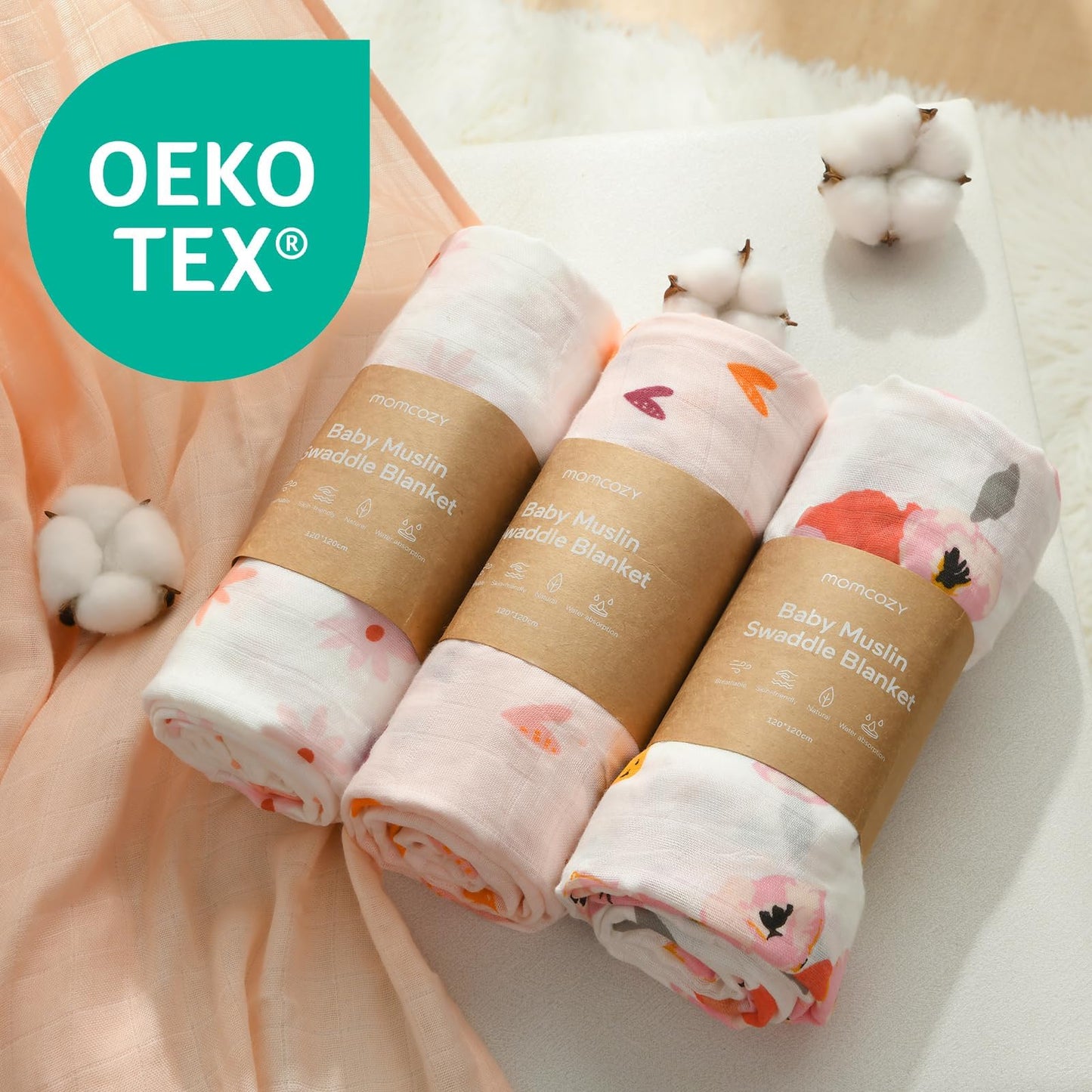 Momcozy Muslin Swaddle Blanket, 4 Pack Ultra Breathable Muslin Blanket, Breathable Large 47'' x 47'' for Baby Girls, Skin-Friendly Swaddle Blankets for Baby Shower Gifts, Full Blossom