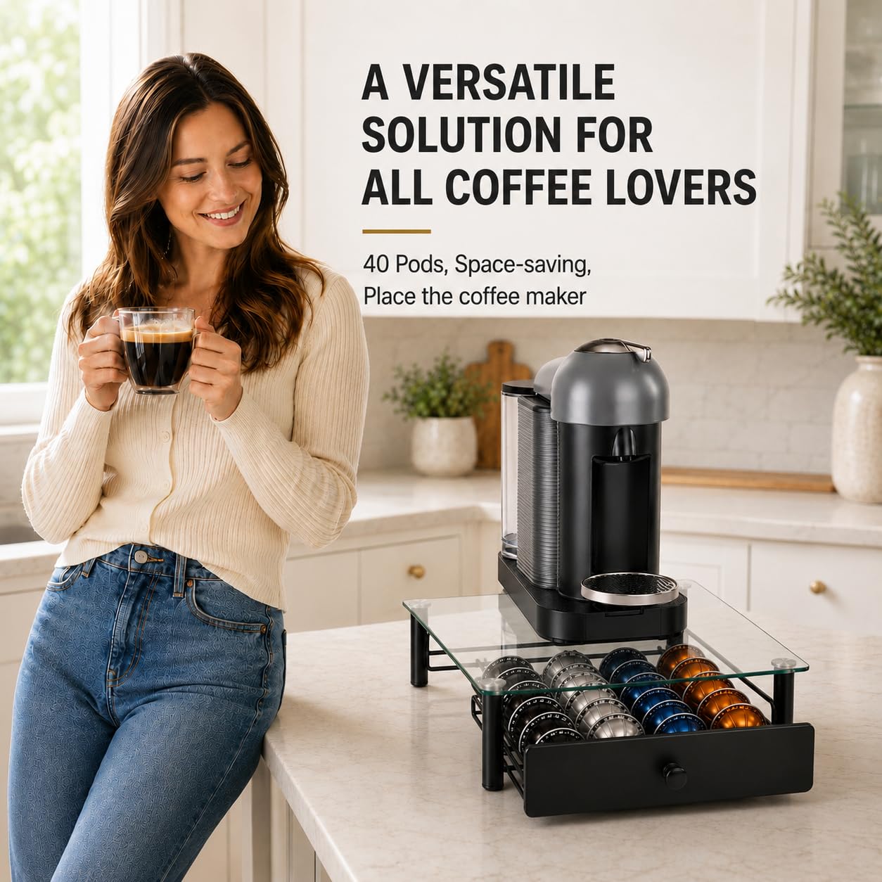 EASTSIGN Vertuo Pods Holder - Drawer Tray for 40-Vertuoline Capsules - Tempered Glass - Capsule Storage - Compatible with Nespresso Vertuoline Capsules - Pods Organizer