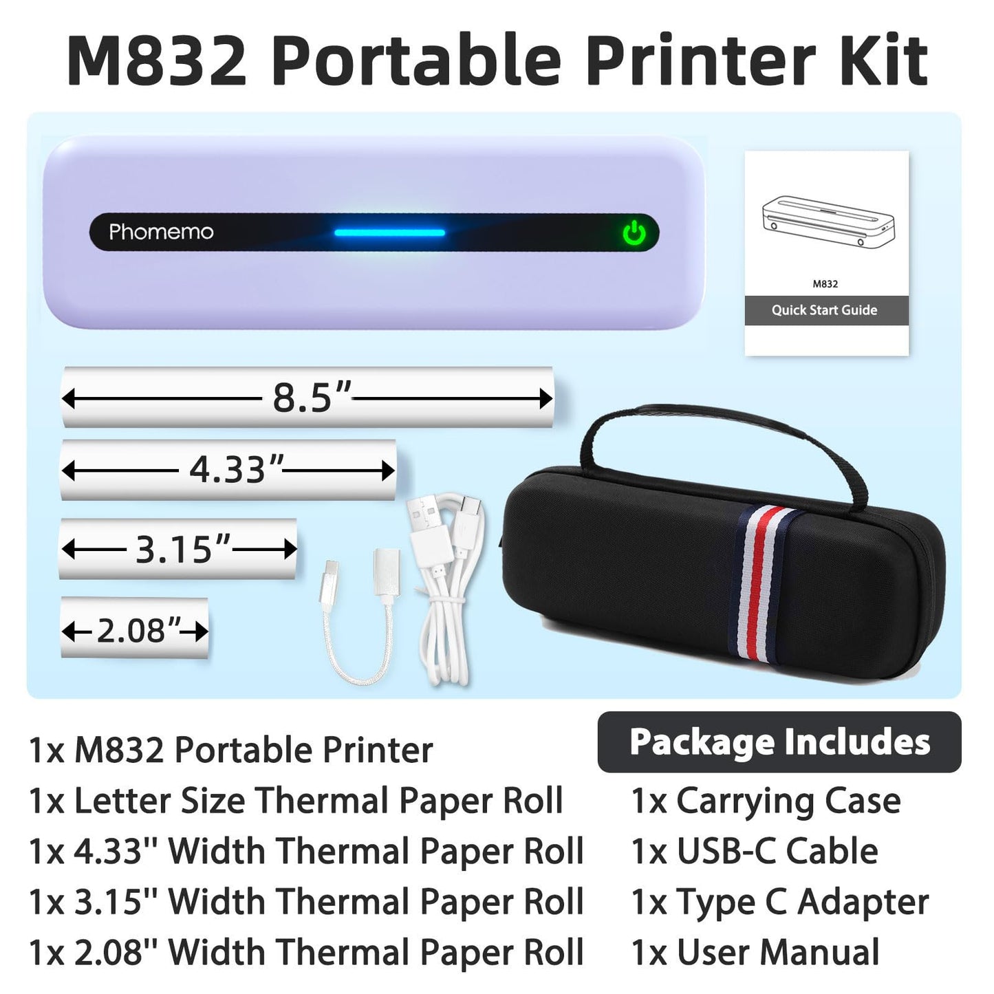 Phomemo M832 Portable Thermal Printer, Portable Printers Wireless for Travel, Inkless Bluetooth Printer for Phone Laptop, Small Printer Support 8.5'' x 11''/A4/4.33''/3.15''/2.08'' Thermal Paper