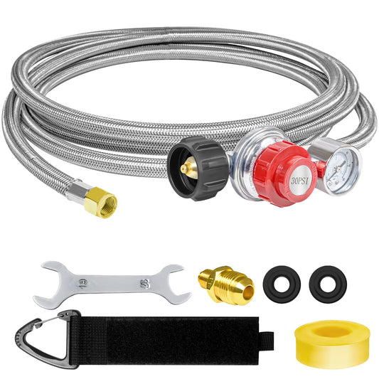 12FT 0-30PSI High Pressure Adjustable Propane Regulator with 0-60PSI Gauge Gas Flow Indicator, Stainless Steel Braided Hose and Gas Grill Regulator, QCC1x3/8 Female Flare Fitting for Gas Tank Cooker