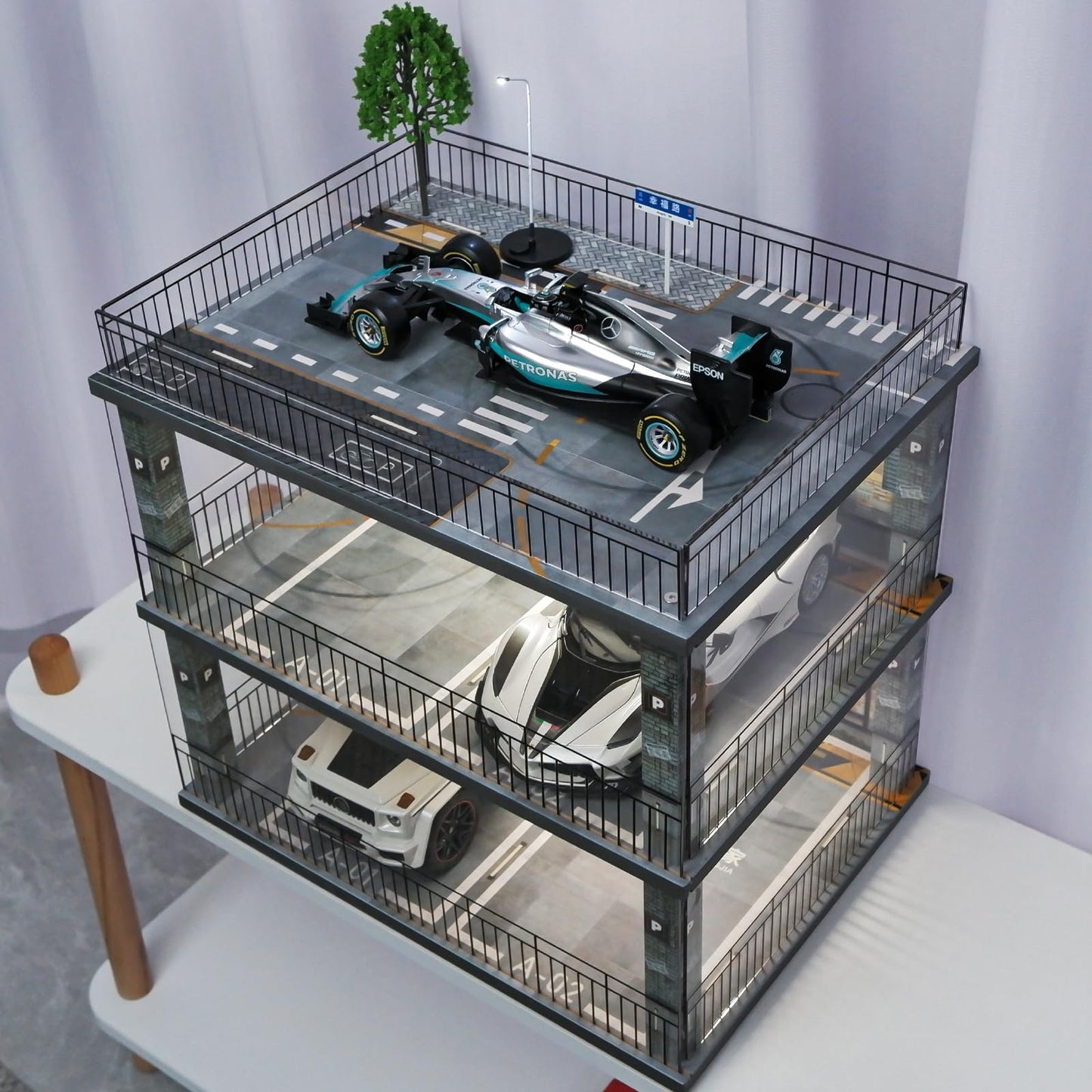 kivcmds 1:18 Scale Cars Display Case with USB Lights,Diecast Cars Diorama Garage Parking Collections Alloy Vehicle Model Car Wood Storage Shelf