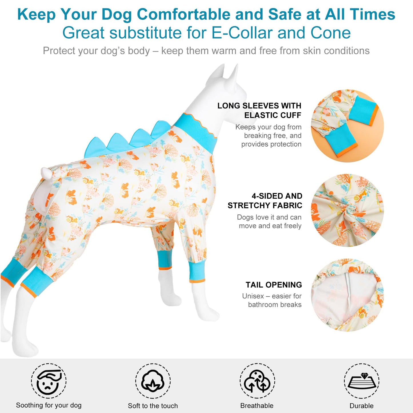 LovinPet Big Dog Jammies, Large Dog Pajamas, Anti Licking Shirt Lightweight Coral Peach Print, UV Protection Shirt, Easy to Wear Adorable Dog Onesie,Blue XXL