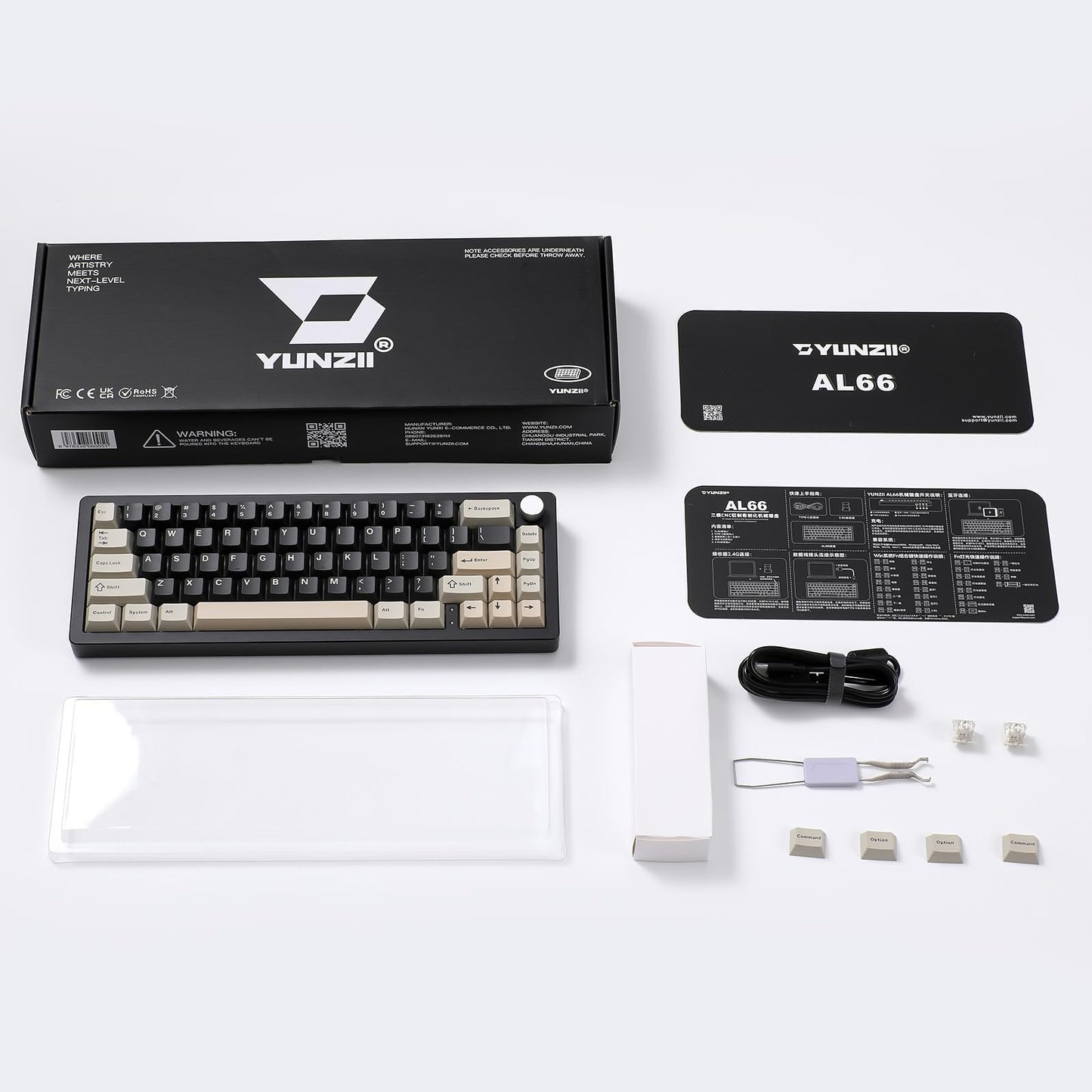 YUNZII AL66 Wireless Mechanical Keyboard,65% Knob Control Aluminum Gaming Keyboard Bluetooth/2.4G/Wired Hot Swappable Pre-lubed Switches,Gasket Mounted RGB Keyboard for Win/Mac (Milk Switch, Black)