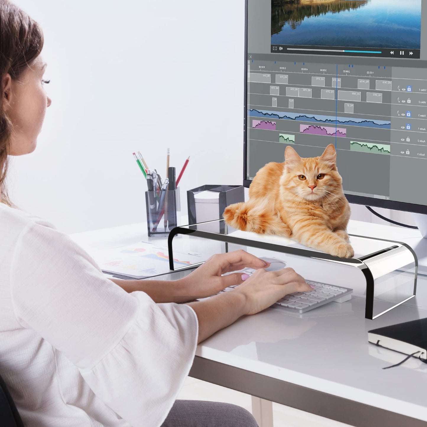 AboveTEK Premium Acrylic Monitor Stand, Large Size Monitor Riser/Clear Computer Stand for Home Office w/Sturdy Platform, Acrylic Desk Stand for Keyboard Storage & Multi-Media Laptop Printer TV Screen