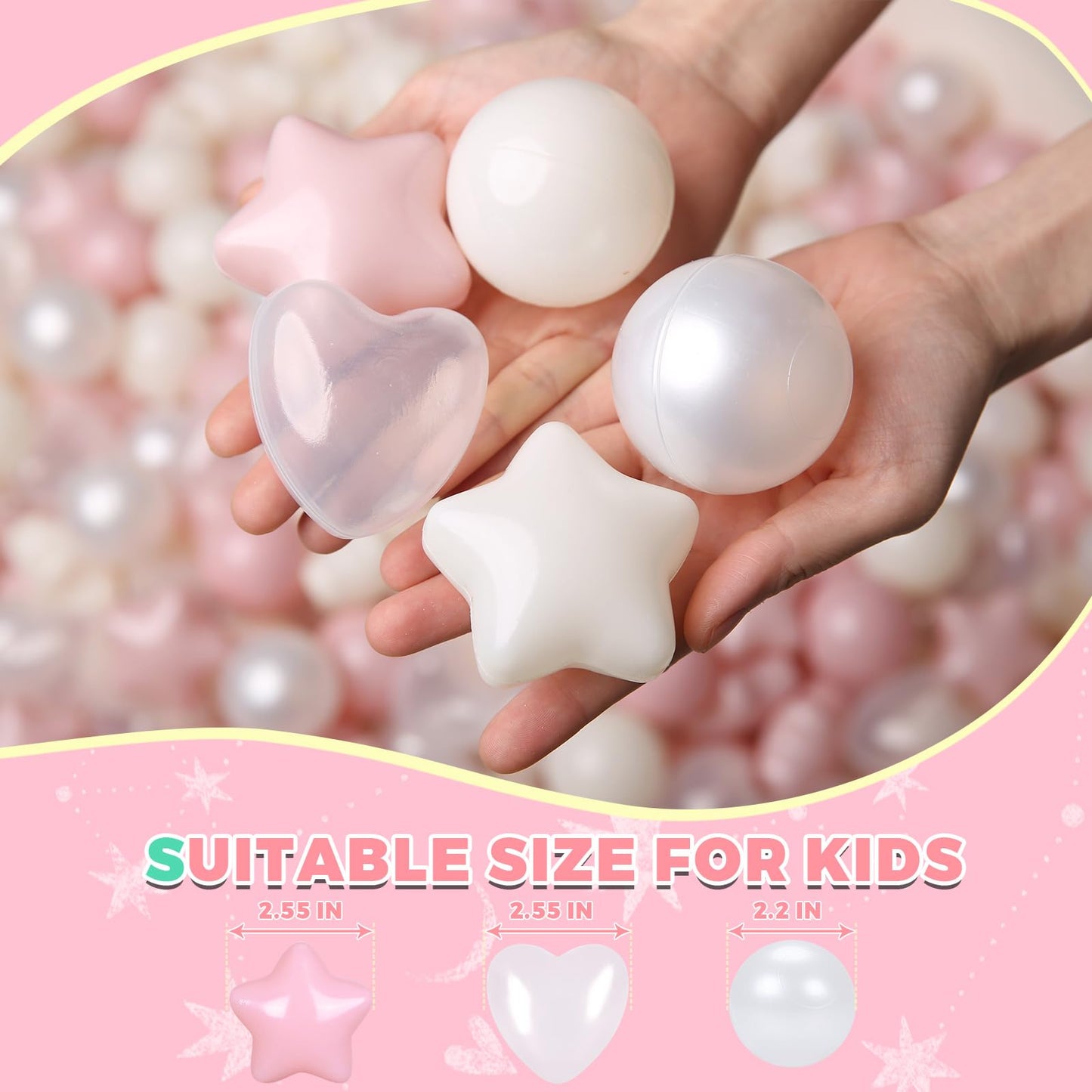 Ball Pit Balls 100 Balls for Toddlers, Crush Proof Plastic Children's Toy Balls Macaron Ocean Balls for Birthday Parties Games Pool, Pink+Beige+Pearl White+Clear Mix Shapes