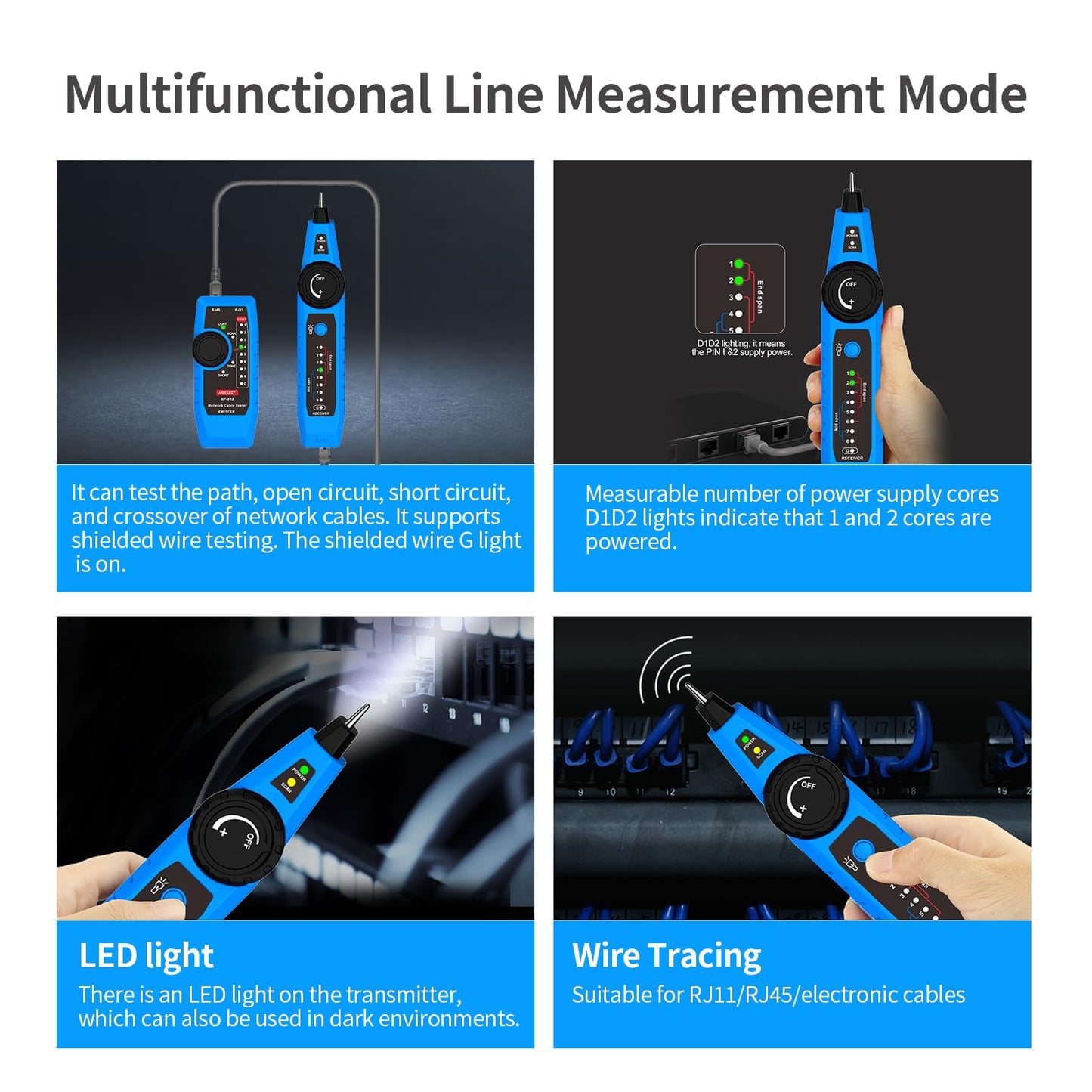 Noyafa NF-810 Network Cable Tester, RJ45 RJ11 Line Tracer, Line Finder, PoE Tester, Toner and Detector Kit, Cable Tracer, Cat5 Cat6 Ethernet Cable Tester for Cable Management, Telephone Line Testing