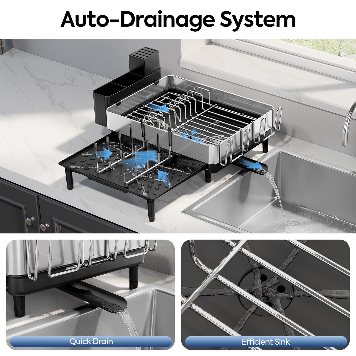 Expandable Dish Rack with Drainboard - Stainless Steel Dish Drainer with Removable Cutlery Tray, Foldable Cup Holder, Elevated Feet, Multifunctional Drainboard for Sink Countertop Kitchen Storage