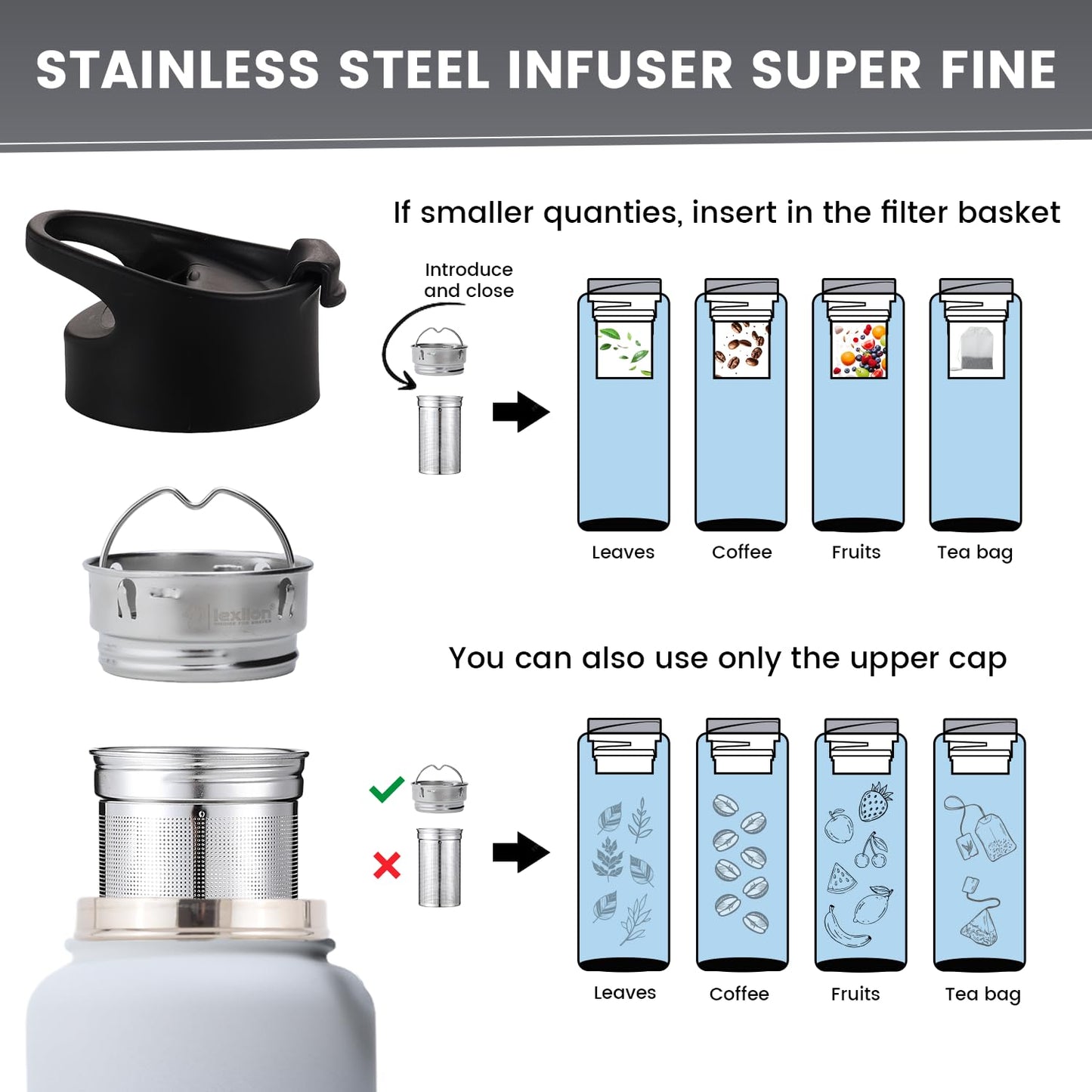 Lexlion Water Bottle 32 Oz, Triple Walled Insulated Stainless Steel Reusable, Wide Mouth, Fruit Diffuser-Thermal Leaf Infuser, Silicone Sleeve&Cleaning Brush, 3 Lids Leak Proof, Metal Mug Gallon