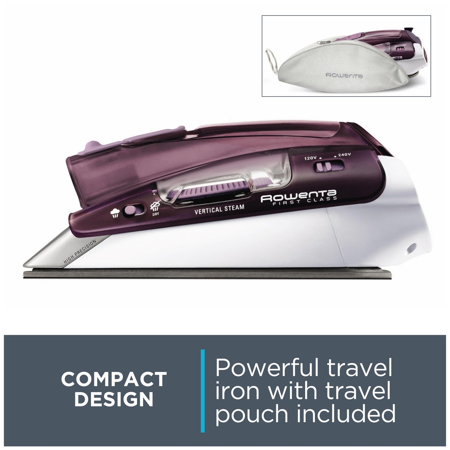 Rowenta Travel Iron, Pro Compact Stainless Steel Soleplate Hand Held Steamer Iron for Clothes, 200 Microsteam Holes, 1000 Watts Ironing, Fabric Steamer, Dual Voltage, Purple, DA1560