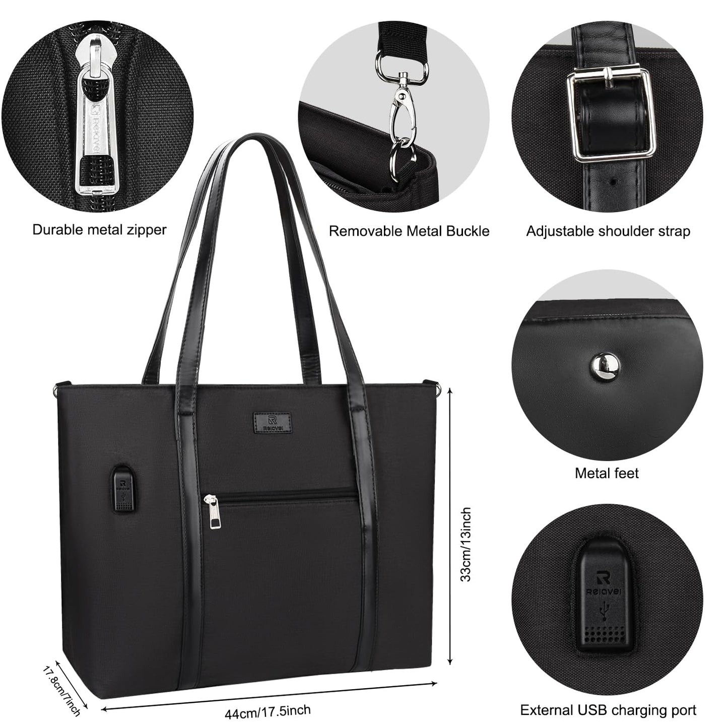 Laptop Bag for Women 17.3 Inch Laptop Tote Bag Large Work Tote Bag Waterproof Work Bag Teacher Bag with USB Charging Port Computer Tote Bag Nylon Handbag Satchel Shoulder Bag(17.3 inch, Black)