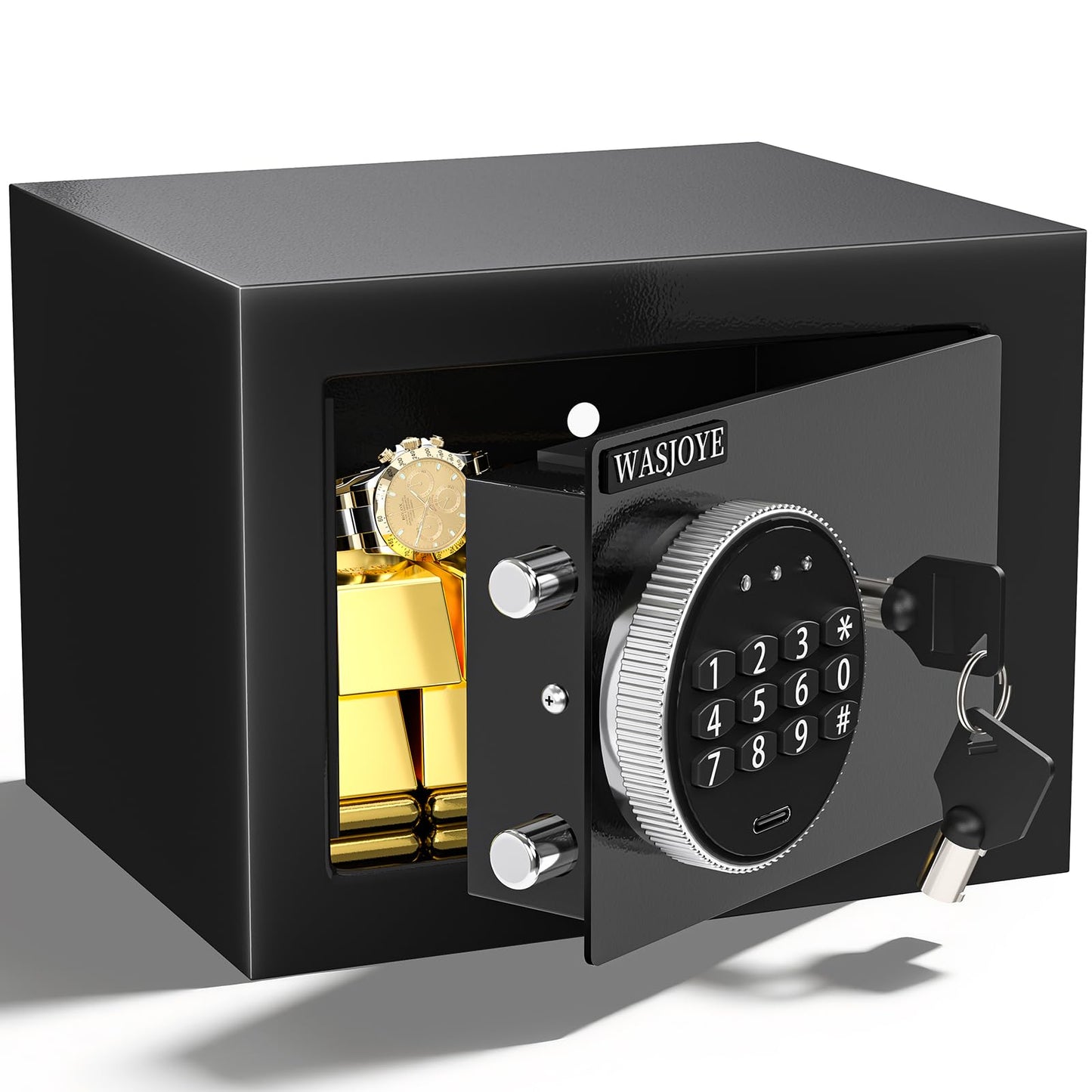 WASJOYE 0.5 Cu Ft Security Home Safe Box, Cabinet Safe Box with Digital Keypad Safety Key Lock - Small Safe for Home Business Office Hotel Money Document Jewelry Passport Storage