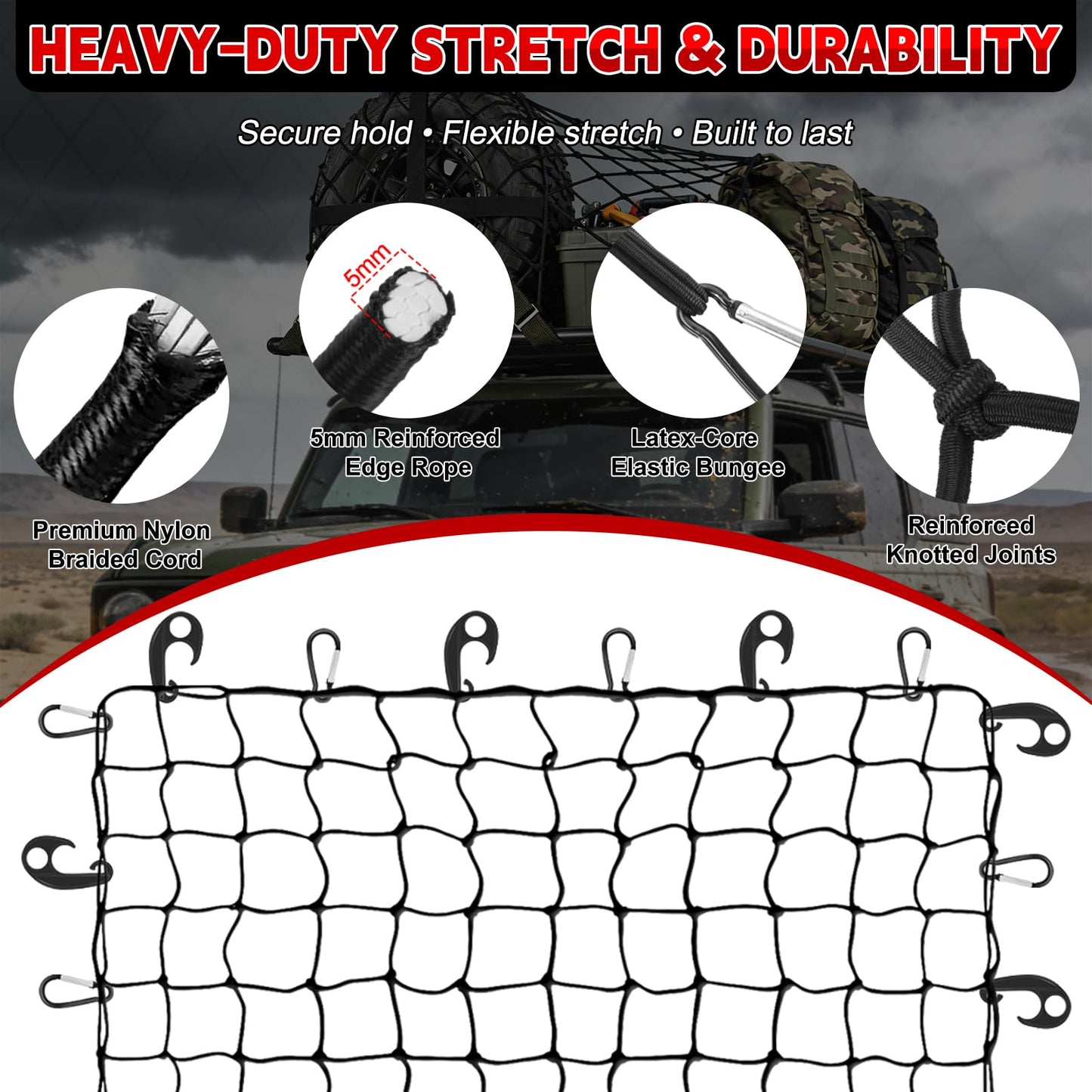 Cargo Net for Truck Bed, Heavy Duty Stretchable Bungee Cargo Net 4x6 ft to 8x12 ft, 5mm Latex-Core Cord, 4"x4" Mesh, 32 Hooks, 2 Extra Bungee Cords, Storage Bag for Pickup Truck SUV Trailer UTV Boat