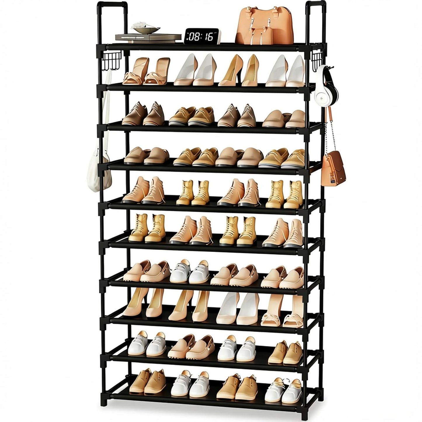 10 Tier Shoe Rack, Large Capacity Tall Shoe Storage Organizer Holds 50-55 Pairs Shoes and Boots, Vertical Shoe Shelf Cabinet with Versatile Hooks for Closet Entryway Garage Bedroom