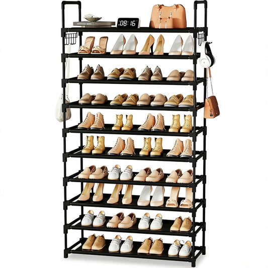 10 Tier Shoe Rack, Large Capacity Tall Shoe Storage Organizer Holds 50-55 Pairs Shoes and Boots, Vertical Shoe Shelf Cabinet with Versatile Hooks for Closet Entryway Garage Bedroom