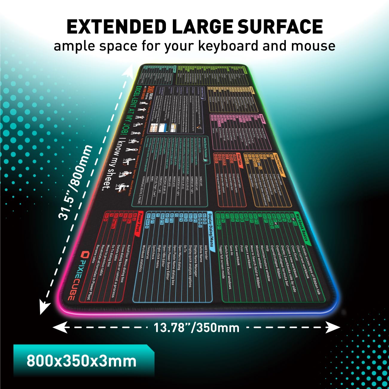 Excel Cheat Sheet LED Desk Pad | Excel Shortcut Keys Mouse Pad - Colorful RGB Luminous Extended Large Gaming Mousepad| PC Office Spreadsheet Keyboard Mat| Non-Slip Stitched Edge Desk Mat