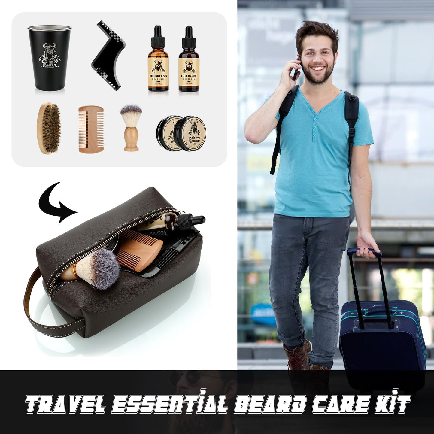 Beard Kit Gifts for Men, Father's Day Birthday Gifts for Him Men Dad Boss Husband, Grooming & Trimming Tool Complete Set, Beard Care Kit with 2 Beard Oil/Balm/Brush/Comb/Shaving Soap/Cup&Storage Bag