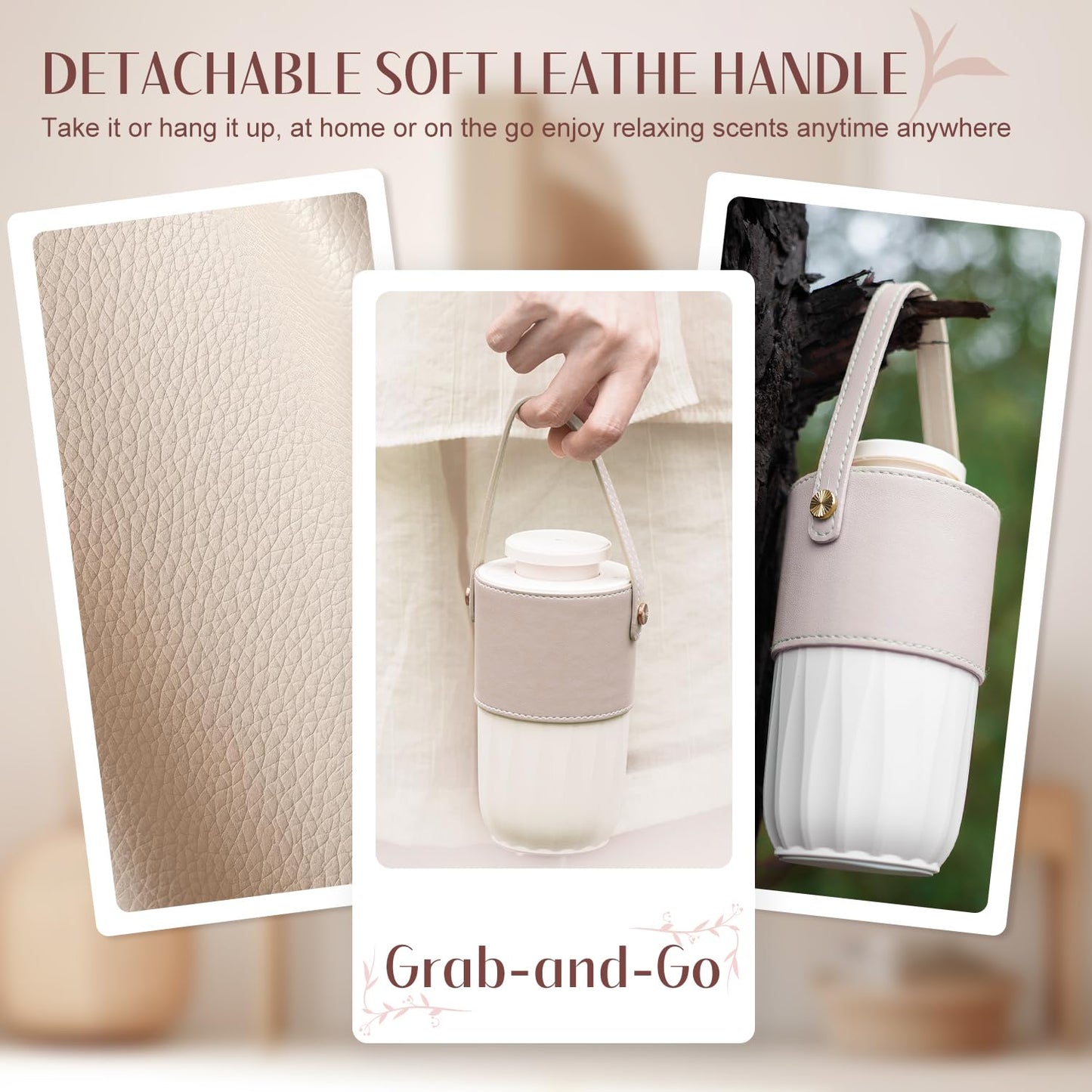 Waterless Essential Oil Diffuser with 30mL Hotel Scent Fragrance Oil, Battery Operated Portable Mini Diffuser with 1H/2H/4H Timer & Adjustable 2 Modes, Leather Handle for Home, Car, Travel, White