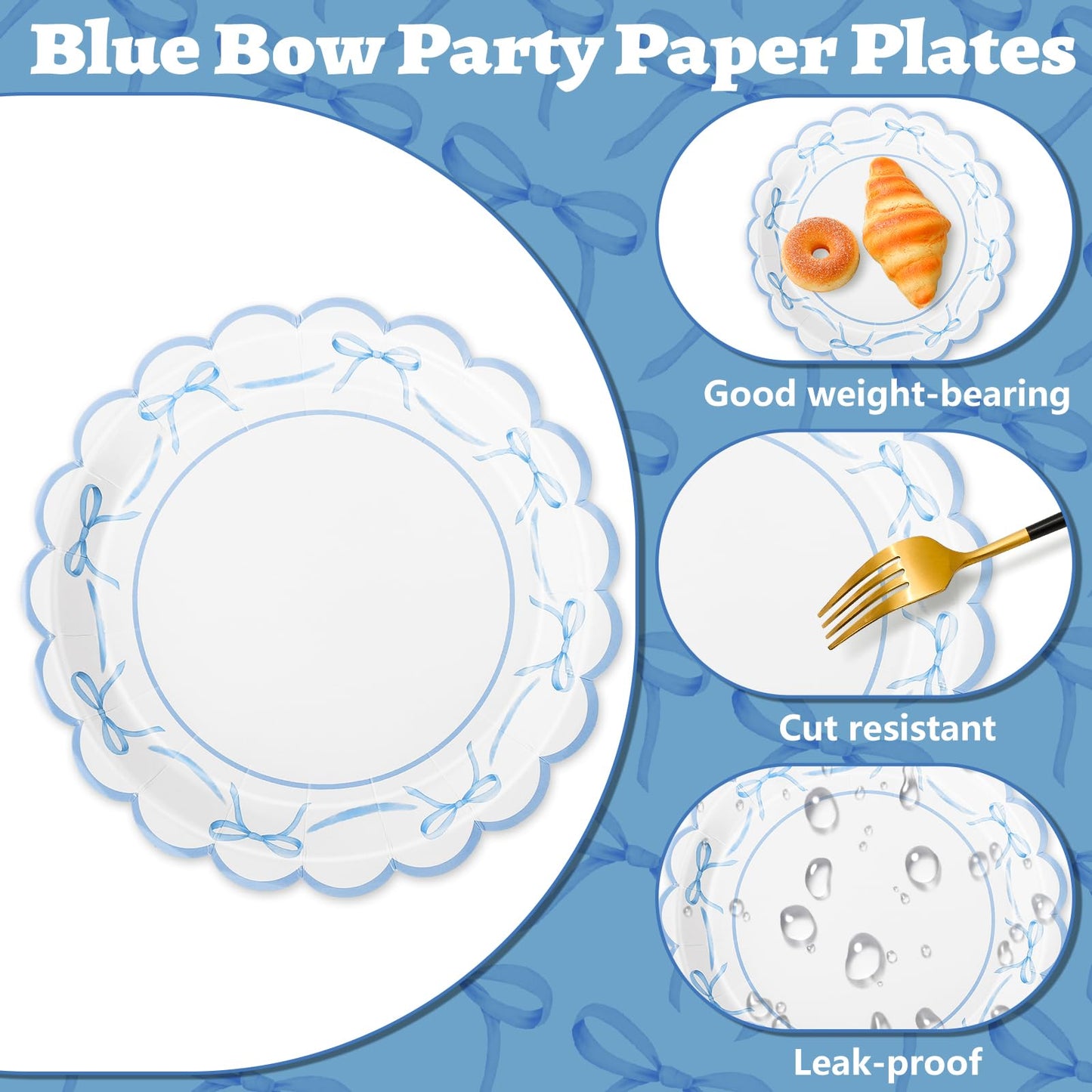 JarThenaAMCS 50Pcs Blue Bow Paper Plate Scalloped Bowknot Baby Shower Disposable Plate 9 Inch Decorative Dinner Plates for Birthday Party Table Decor