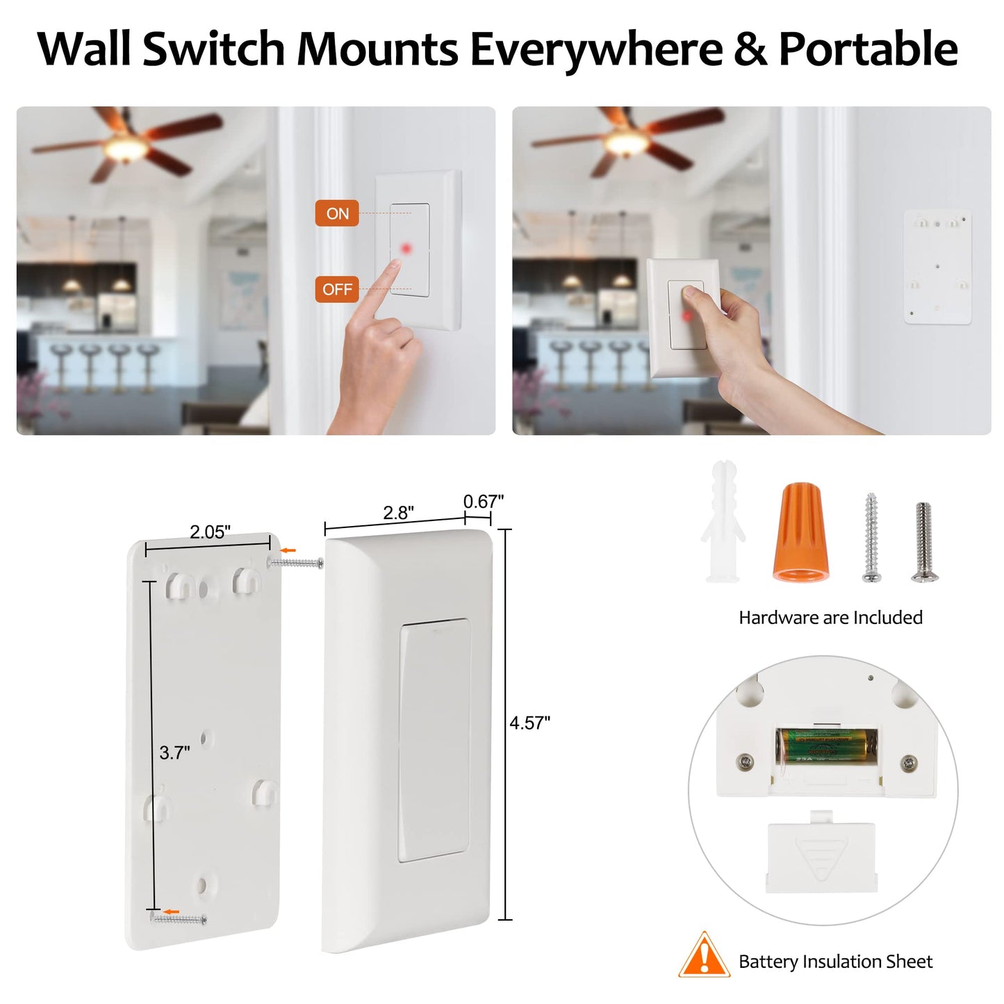 SURAIELEC Wireless Light Switch and Receiver Kit, 15A High Power, No Wiring, 100ft RF Range, Programmable Remote Control 3 Way Wall Switches for Lamp, Ceiling Light, Fan, Outdoor Lighting