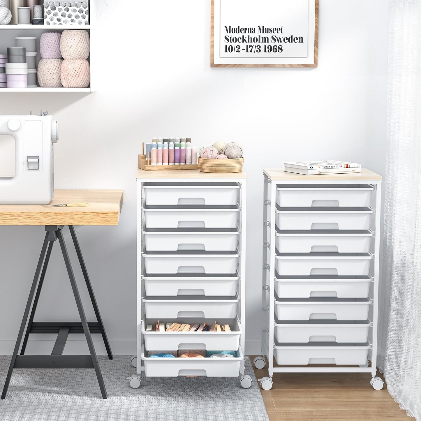 SYKIARIOL Utility Cart with 8 Drawer,Rolling Storage Cart with Wooden Tabletop and Lockable Wheels,Storage Drawer Cart with Large Capacity, 8 Tiers Drawer Cart for Home Office,Nature White