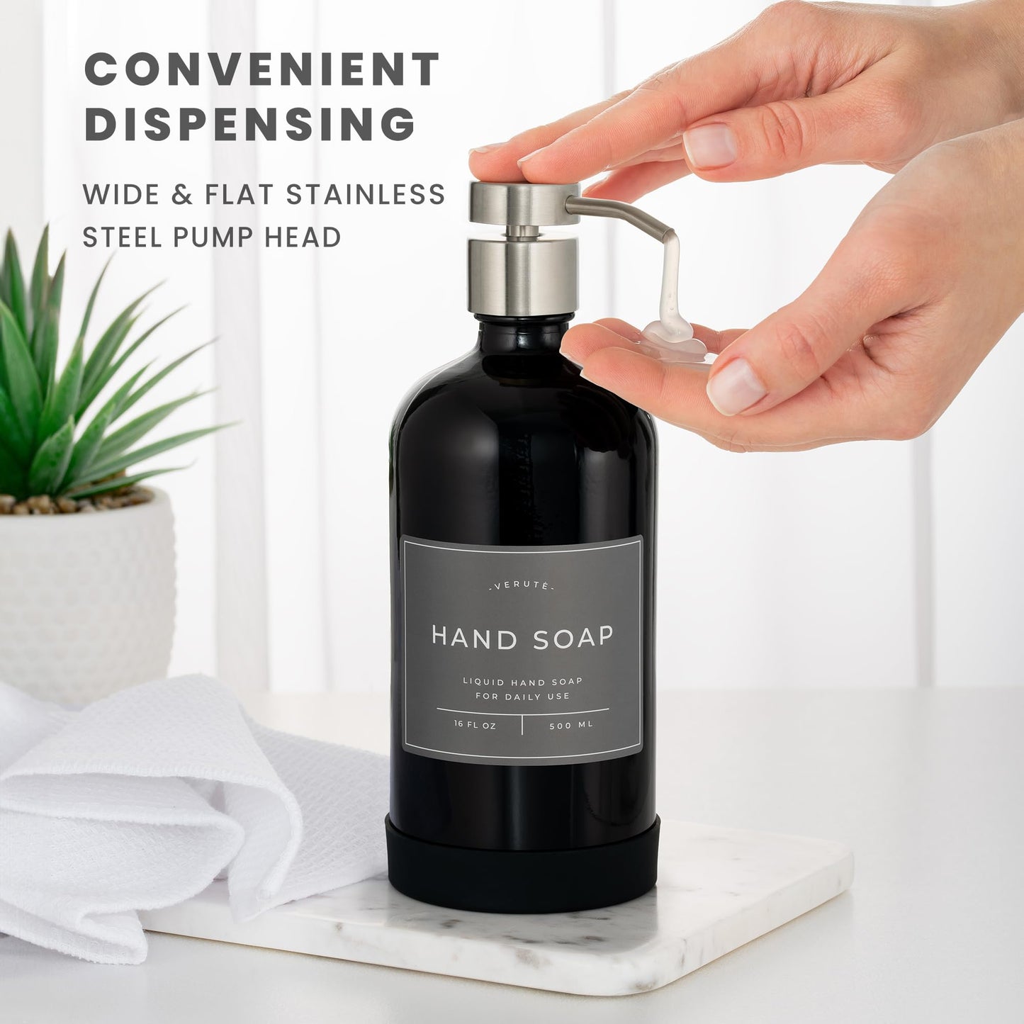 Verute 500ml Glass Soap Dispenser with Stainless Steel Pump, 21 Waterproof Labels, Non-Slip Protective Silicone Pad, Set of 2 for Bathroom & Kitchen (Gloss Black Bottle/Brushed Silver Pump)