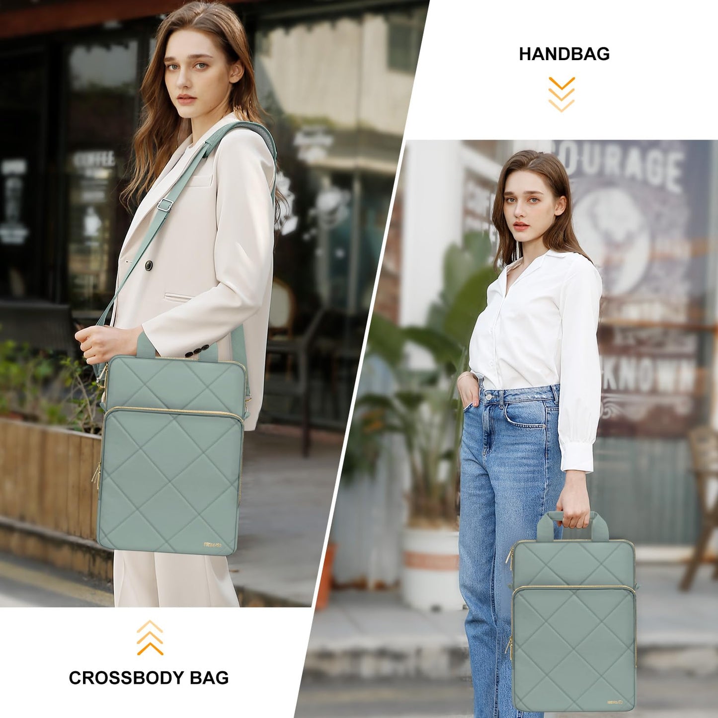 MOSISO Vertical Laptop Shoulder Bag,15-15.6 inch Computer Bag Compatible with MacBook 16 inch, HP, Dell, Lenovo, Asus Notebook,Rhombus Quilted Messenger Bag with Front Pocket&Handle&Belt,Antique Green