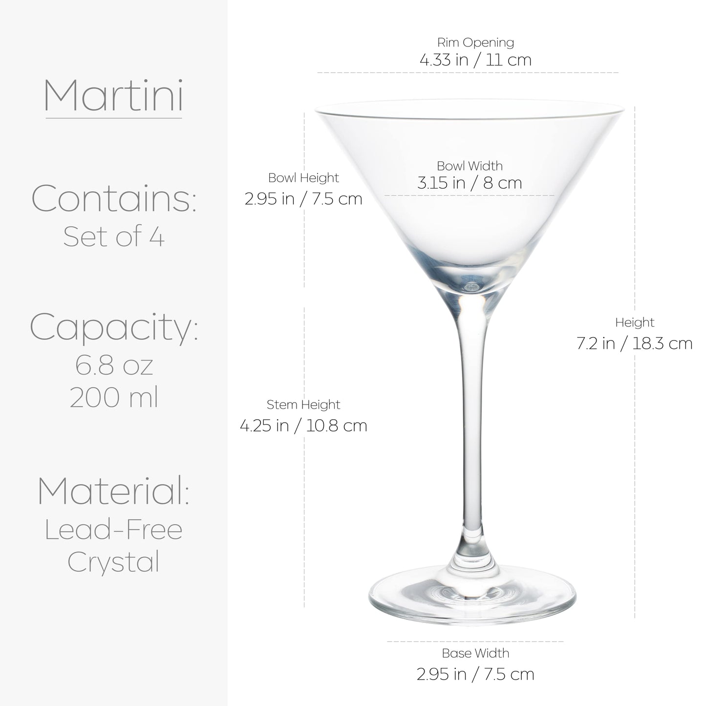Galateo Vulcano Martini Cocktail Glasses - 6.8 oz / 200 ml - Made in Europe - Lead-Free Crystal - One-Piece Pulled Stem Design - Set of 4