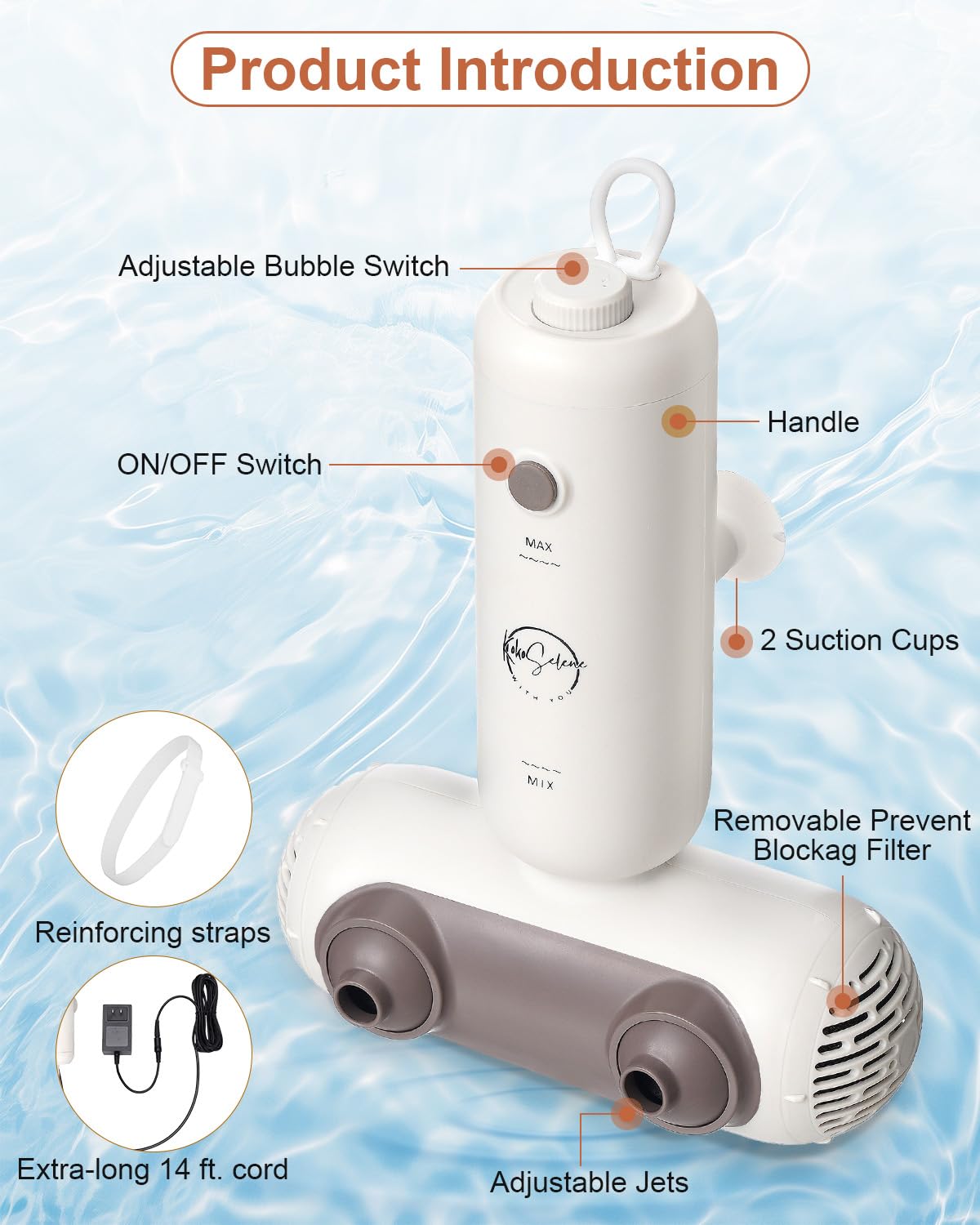 KokoSelene Bath Jets for Tub, Portable Bath Spa for Bathtub with Dual Hydro Jets, Bathtub Spa Machine Creates Soothing Bubbles and Massage for Daily Relax at Home Use (Brown)