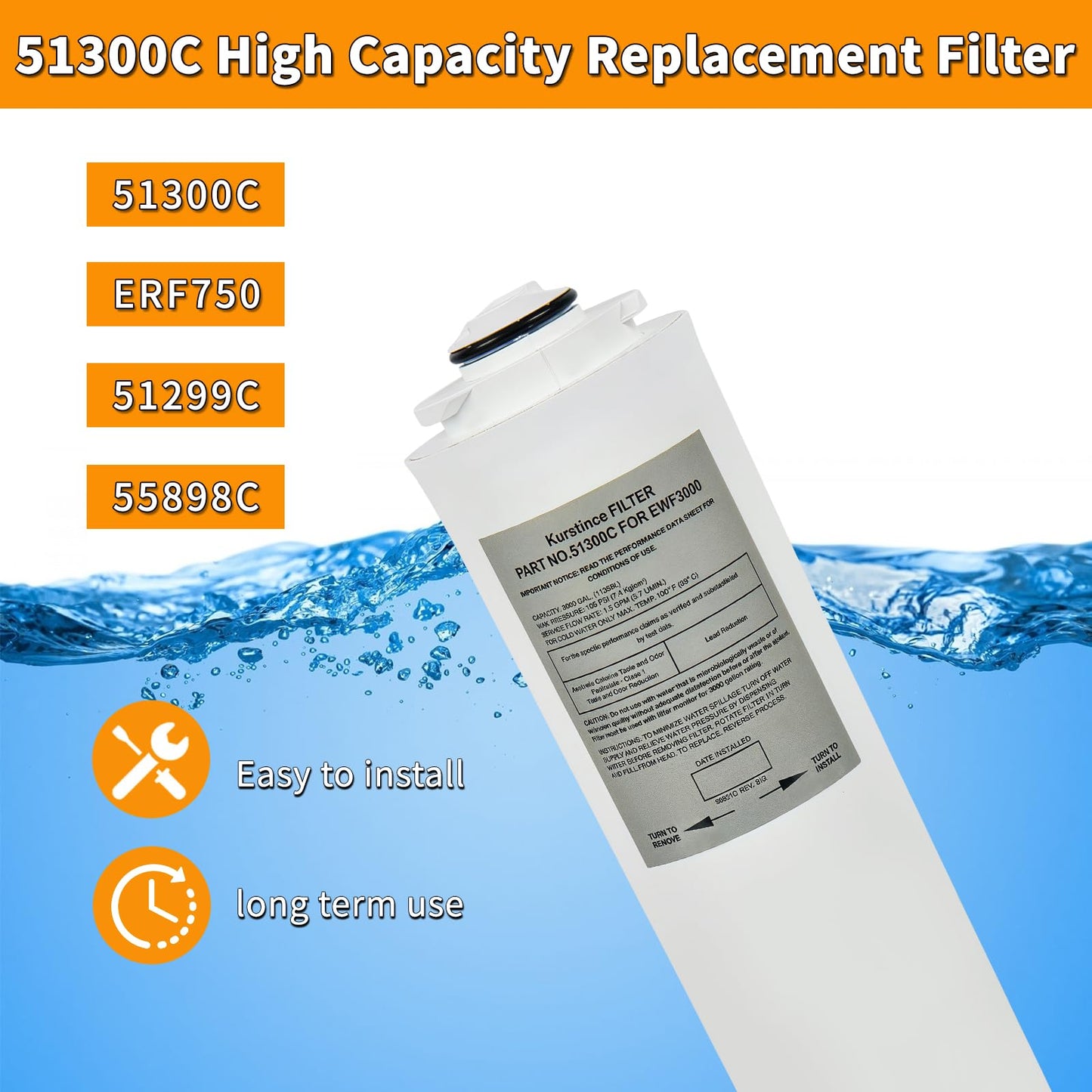 51300C Filters, Replacement for Elkay EWF3000 51300C Filter By NSF/ANSI 42 Certified, Compatible With Ezh2o Filter Replacement Bottle Stations, 3000 Gallon High Capacity (1)