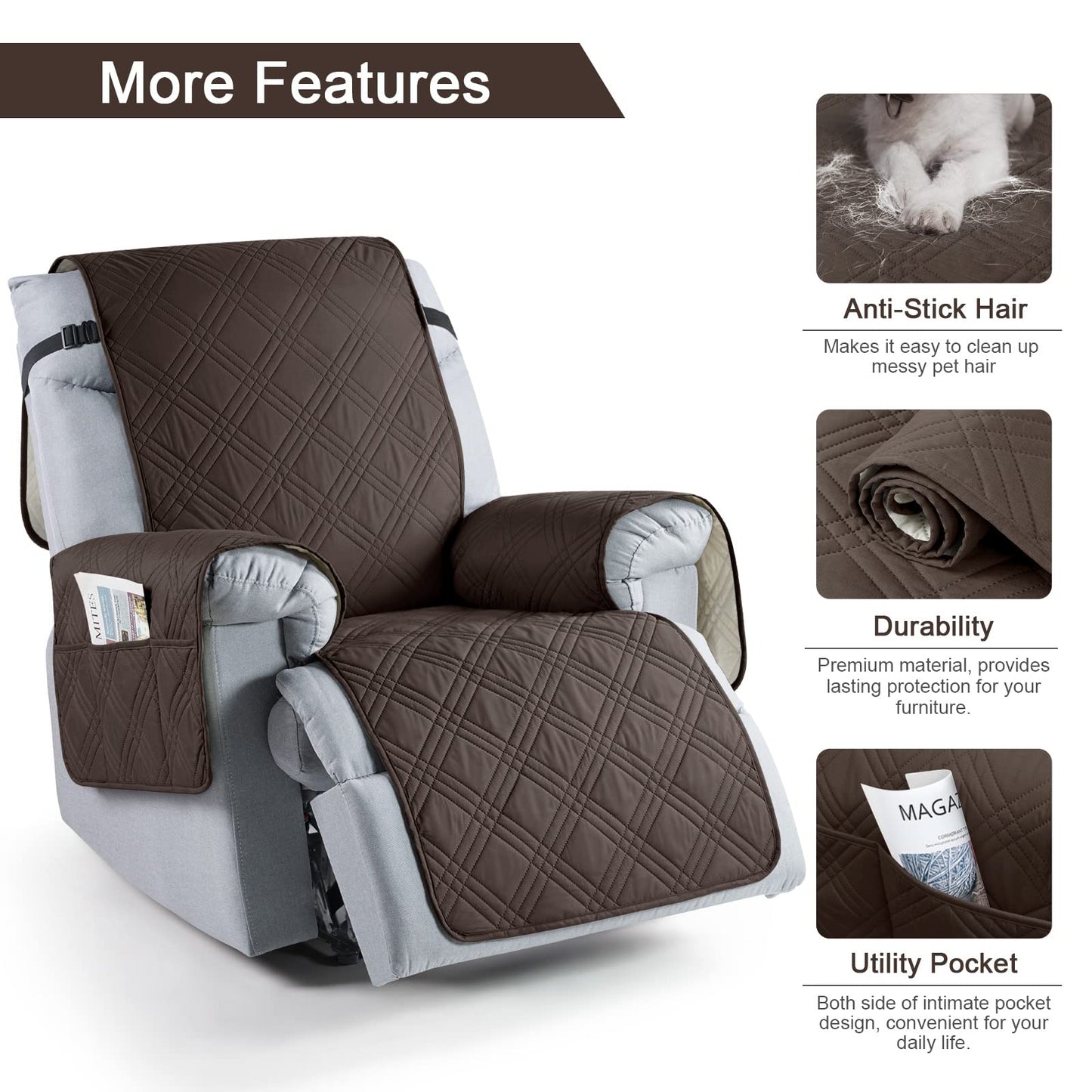 TAOCOCO 100% Waterproof Recliner Chair Cover, Non Slip Recliner Covers for Recliner Chair with Pocket, Washable Reclining Chair Cover Furniture Protector for Kids, Pets(Recliner Chair, Chocolate)