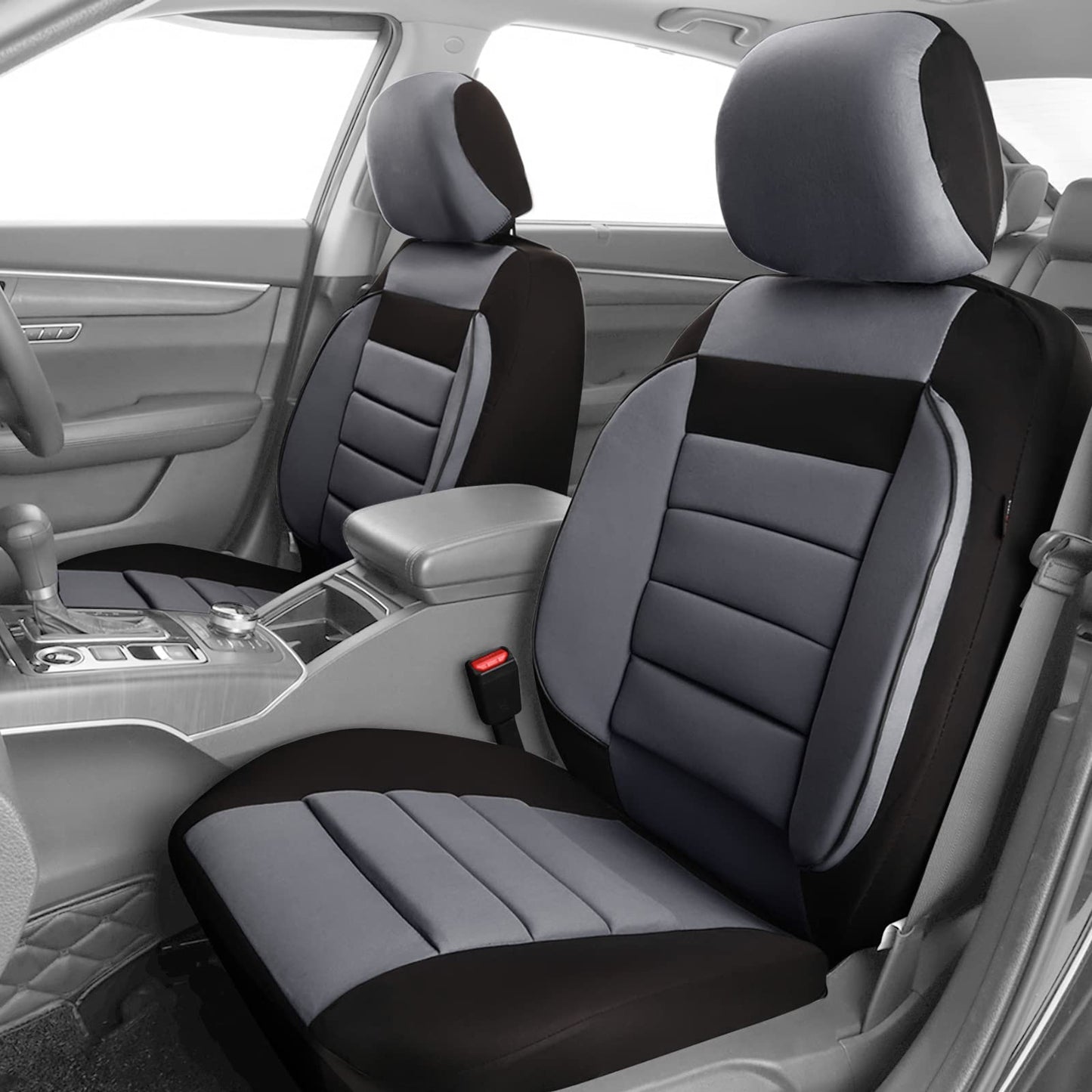 CAR PASS 6PCS Elegance Universal Fit Two Front Car Seat Covers Set, Foam Back Support, Airbag Compatible, 100% Breathable (Black with Gray)