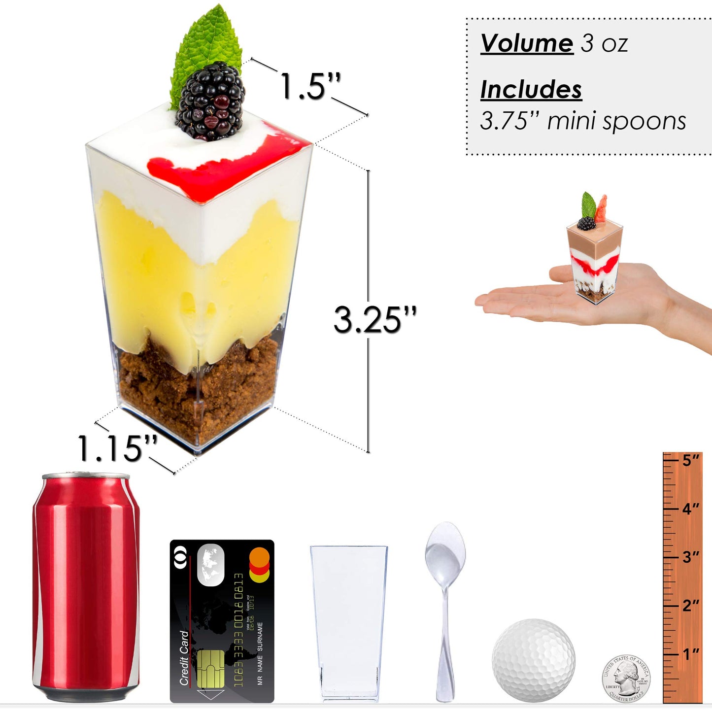 DLux 100 x 3 oz Mini Dessert Cups with Spoons and Lids,Square Tall- Clear Parfait Appetizer Cup Small Reusable Serving Bowl for Party -with Recipe Ebook