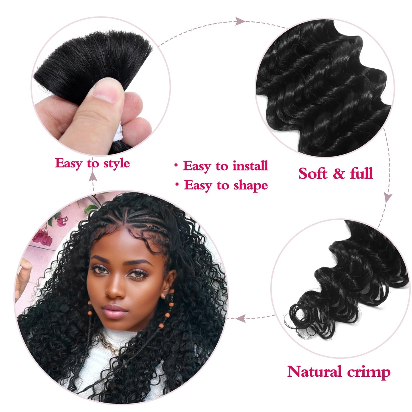 Deep Wave Bulk Human Hair for Braiding 10A Brazilian Curly 100 percent Human Hair 2 Bundles No Weft micro Human Braiding Hair for Boho Braids Virgin Hair Extension(Natural Black, 100g 16")
