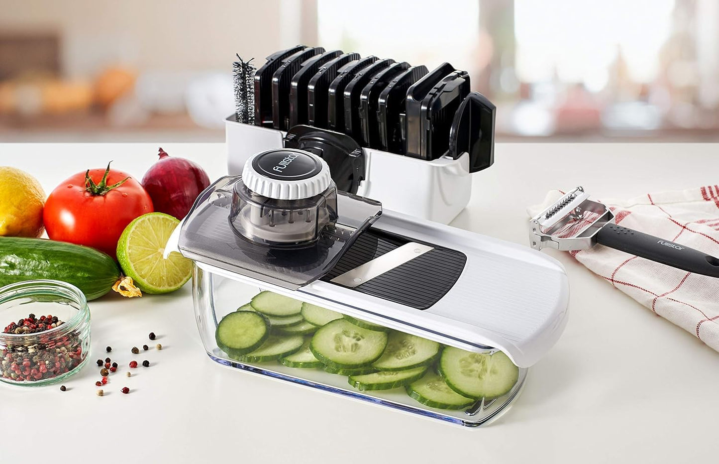 Fullstar Mandoline Slicer for Kitchen - Vegetable Slicer Spiralizer & Julienne Cutter for Veggie Cucumber Onion Potato Carrot - Cheese Grater - Kitchen Essentials Tools & Gadgets (PRO 11-in-1, White)