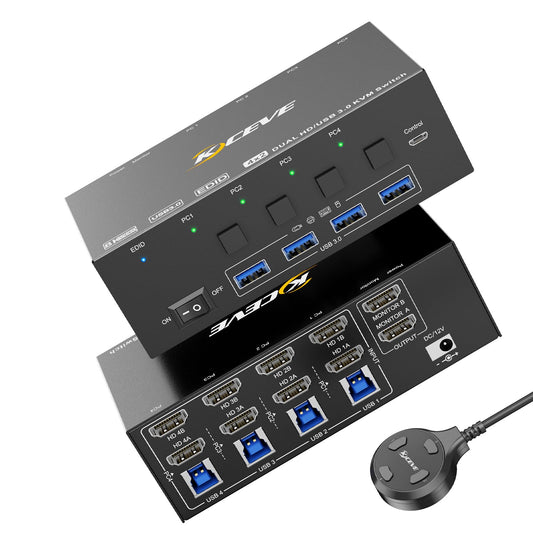 8K KVM Switch 2 Monitors 4 Computers HDMI 8K@60Hz 4K@144Hz, USB 3.0 Dual Monitor KVM Switch for 4 Computers Share 2 Monitors and 4 USB 3.0 Ports, Supports EDID, Wired Remote and Cables Included
