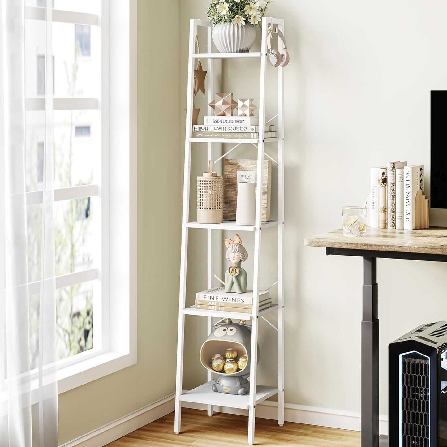 Hzuaneri Ladder Shelf, Bookshelf Bookcase, Freestanding Corner Storage Shelve with 2 Hooks for Home Office, Living Room, Kitchen, Bedroom, Industrial, 5-Tier White BC03213W