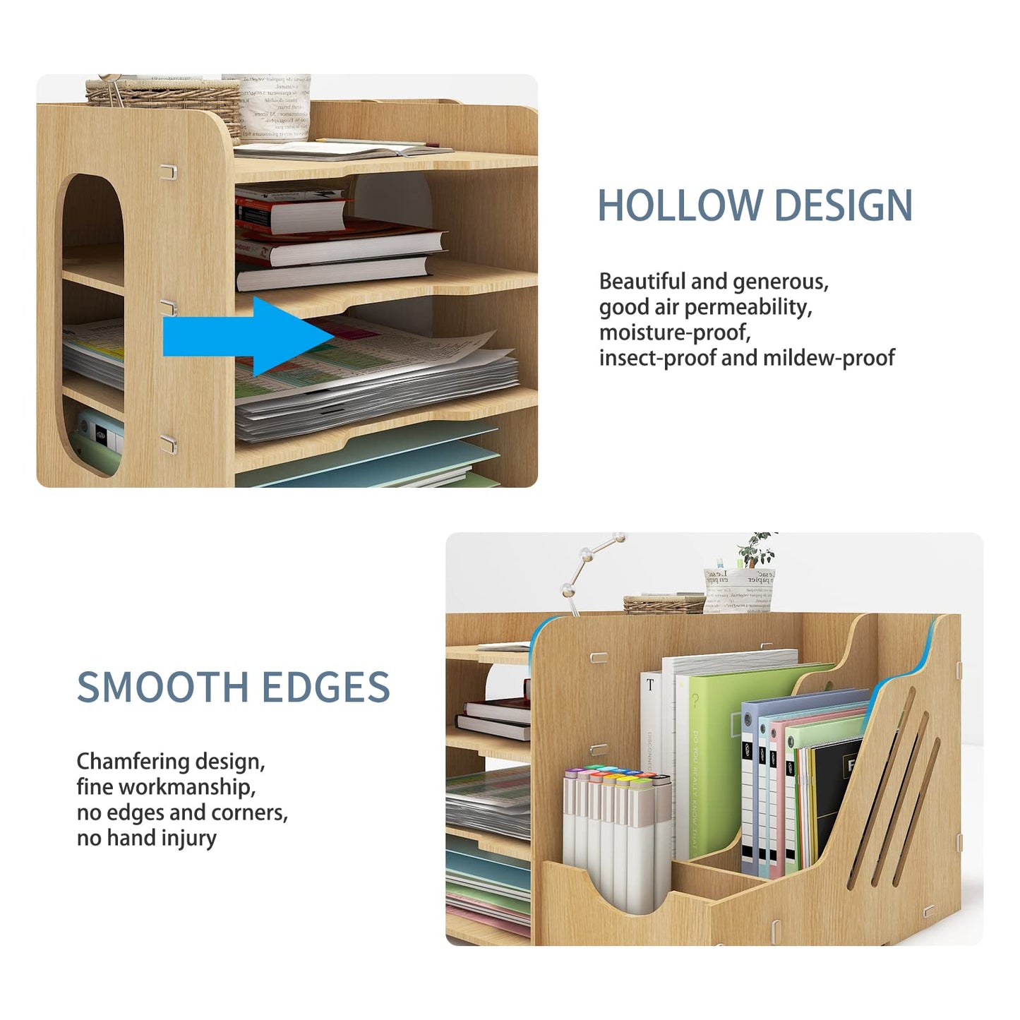 PUNCIA 4 Tier Wooden Desktop Organizer Letter A4 File Rack - Mail Sorter with Vertical & Horizontal File Holder, Tabletop Storage Box for Office Supplies Binders Folders Trays