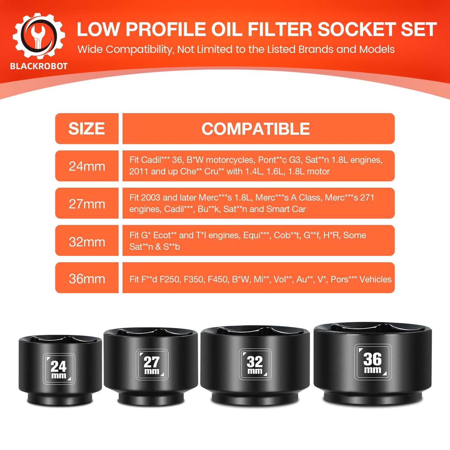 8 Pieces 3/8” Drive Low Profile Oil Filter Socket Set, Metric Size 24mm 27mm 28mm 29mm 30mm 32mm 36mm 38mm, Chrome Vanadium Steel, 6 Point, Oil Filter Cap Remover and Installer Tool Set