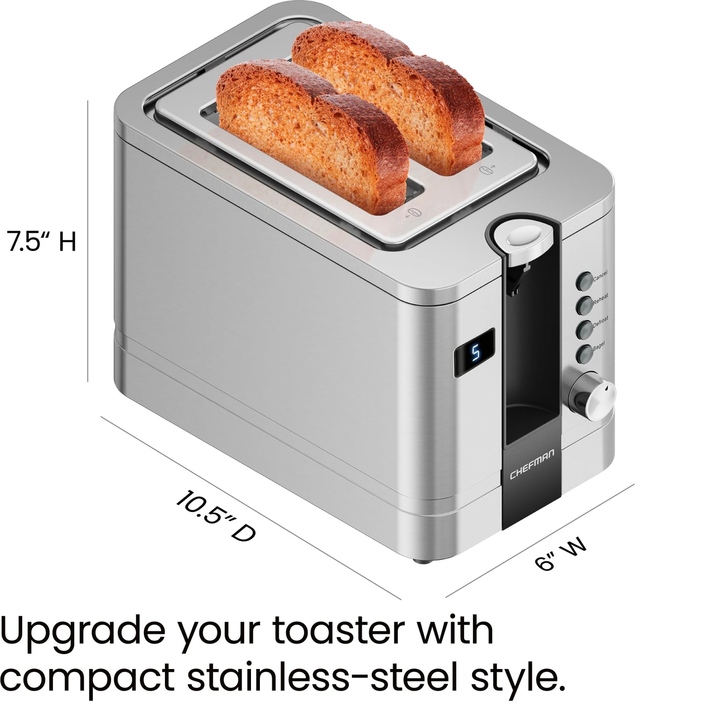 Chefman 2-Slice Digital Toaster, Pop-Up, Stainless Steel, Extra-Wide Slots For Bagels, Defrost, Reheat, Cancel Functions, Removable Crumb Tray, Stainless Steel - Digital
