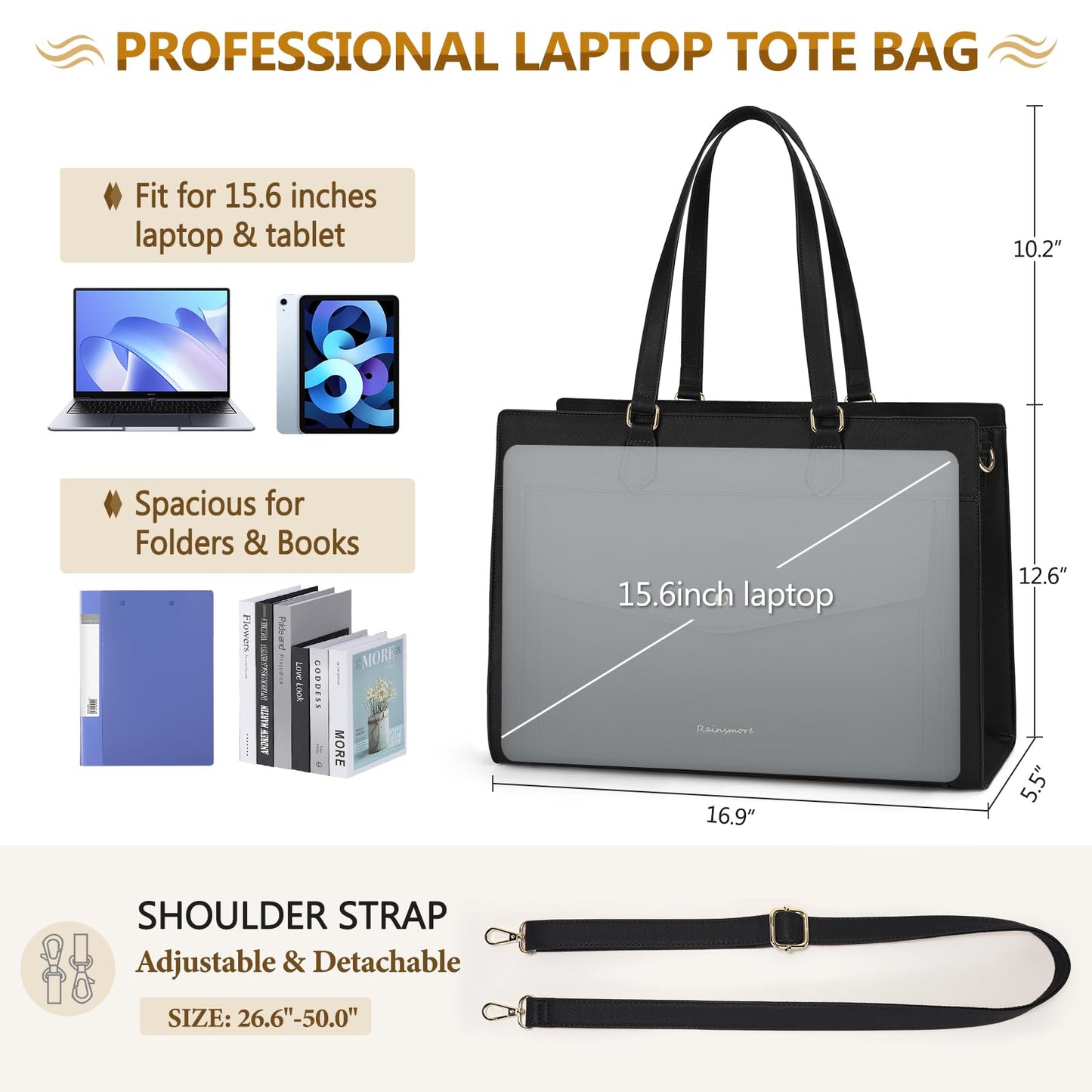 RAINSMORE Laptop Bags For Women 15.6Inch Leather Work Tote Bags Laptop Tote Waterproof Laptop Purse Business Office Computer Bag Professional Womens Briefcase Large Handbag for Travel College, Black