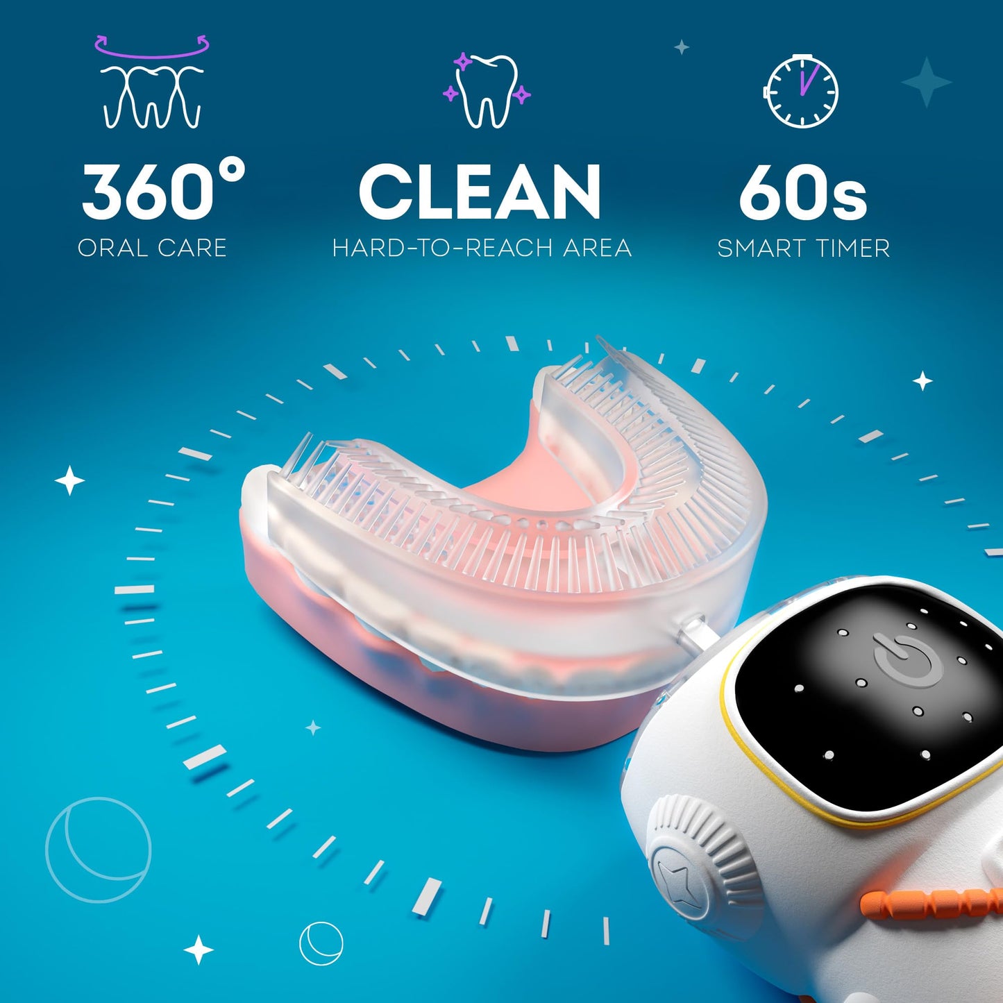 Sensory 360 Round U-Shaped Astronaut Design Mouthguard Electric Toothbrush for Kids Ages 2-7 - Automatic Memory Function - 5 Modes Toothbrush with Multiple Heads – Kids Travel Essentials (White, Small)