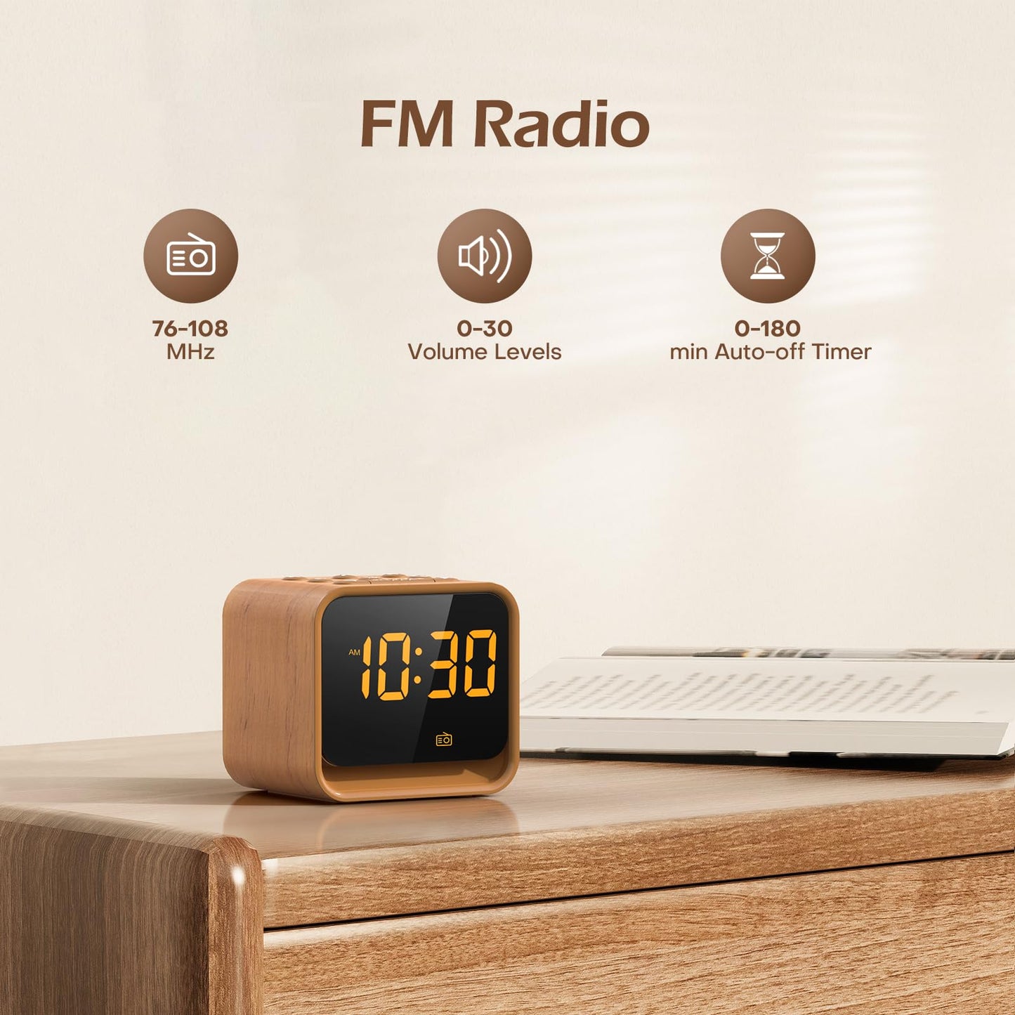 REACHER Digital Alarm Clock Radio for Bedrooms with Sleep Sound Machine, 7 Color Night Light, 0-100% Dimmer, Snooze, FM Radio with Auto-Off Timer for Bedside