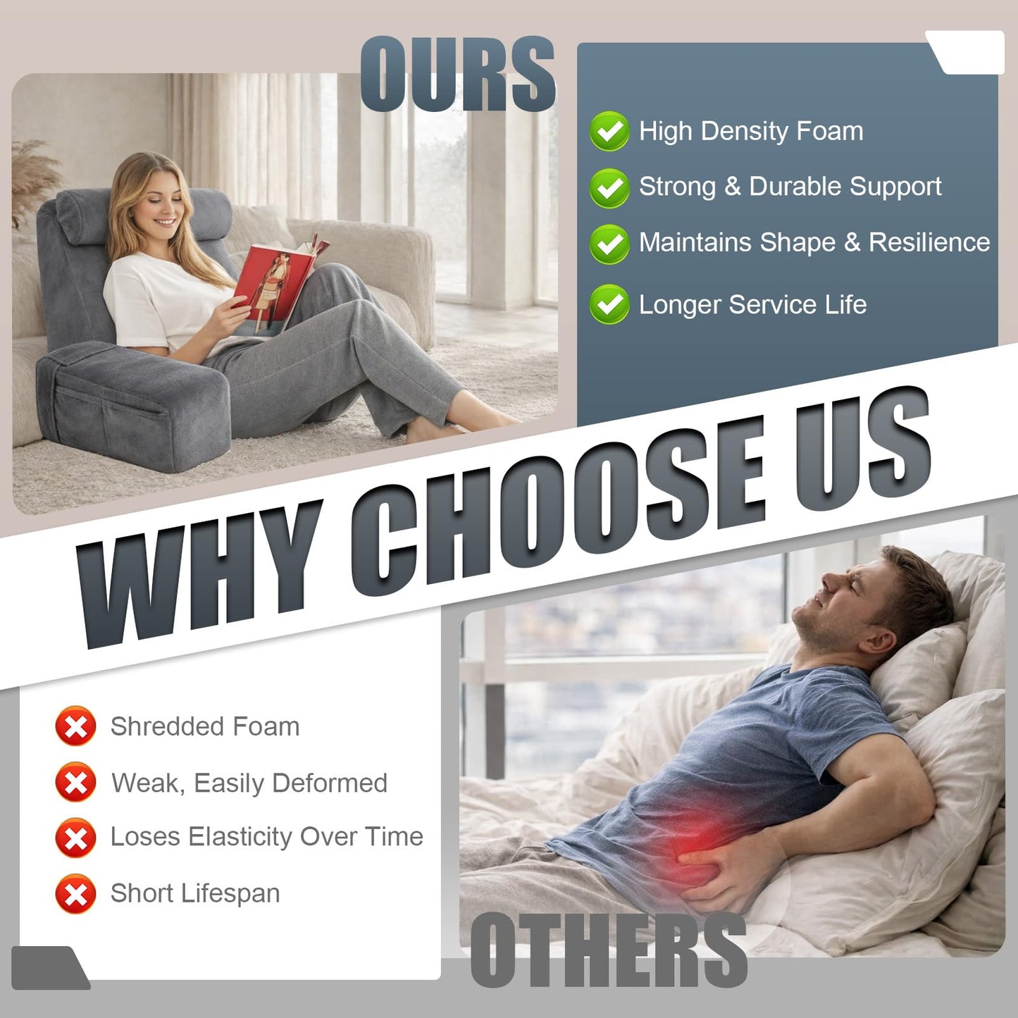 19" Reading Pillow for Bed Adult, Backrest Support Pillow for Bed, Sofa, Floor, Comfortable Back and Neck Support with Side Pocket, Removable & Washable, Ideal for Reading, Watching TV & Laptop Use