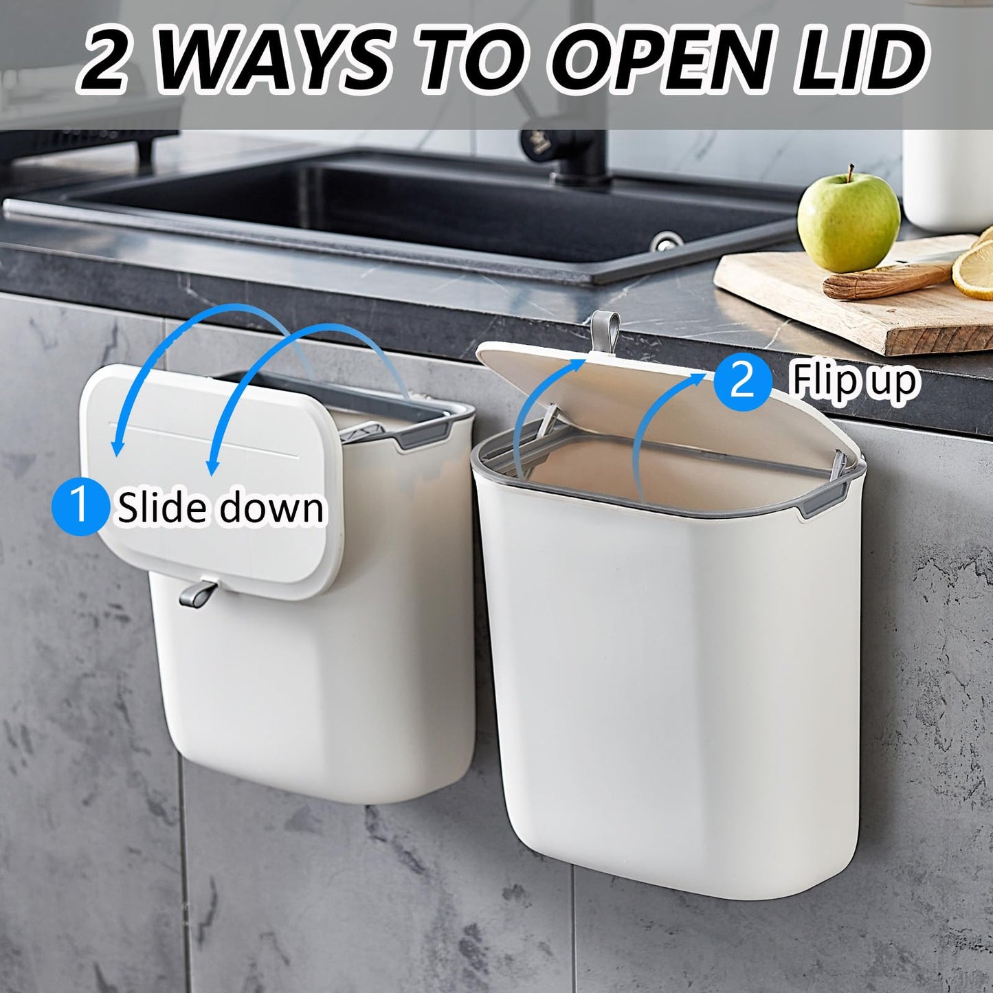 ELPHECO Compost Bin, 2.5 Gallon Hanging Trash Can with Lid, Kitchen Cabinet Door Under Sink Plastic Garbage Can Wall Mounted Slide Open, White