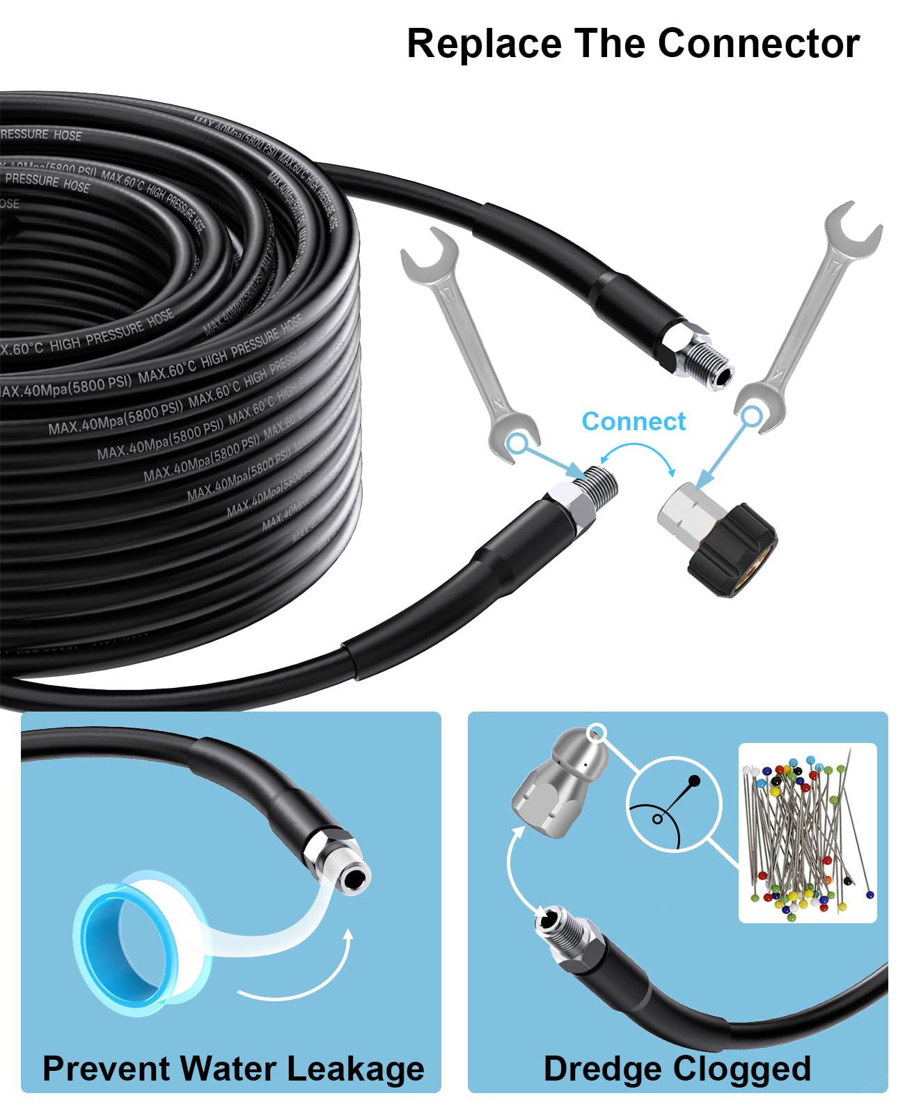 XENDY WASHER 1/4 Inch NPT 100 FT Sewer Jetter Kit for Pressure Washer, 5800PSI Jet Drain Cleaner Hose, 1/4 Inch NPT, Rotating&Button Nose Sewer Jetter Nozzle, Pearl Pin, Waterproof Tape and 2 Spanner